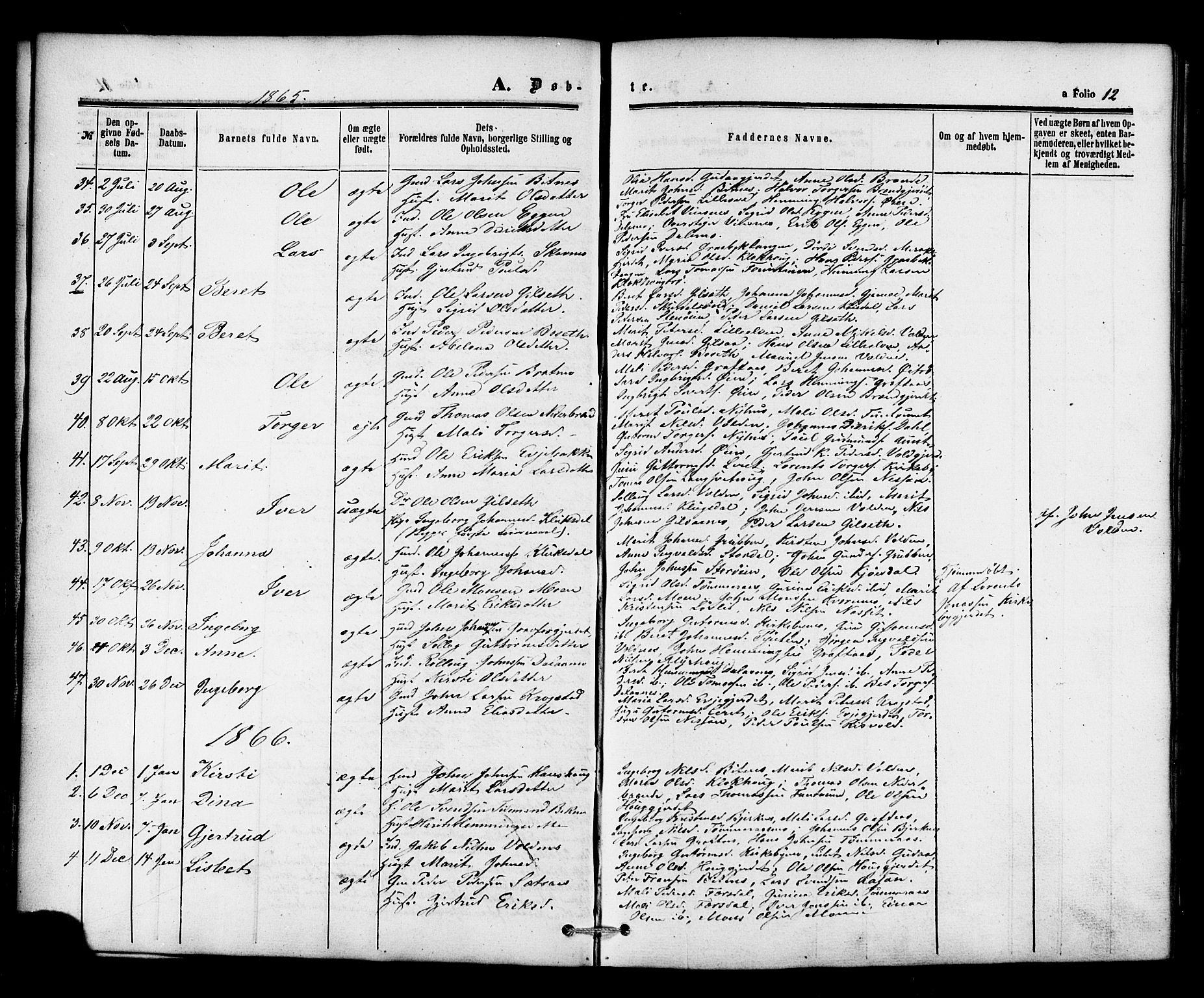 Ministerialprotokoller, klokkerbøker og fødselsregistre - Nord-Trøndelag, SAT/A-1458/706/L0041: Parish register (official) no. 706A02, 1862-1877, p. 12