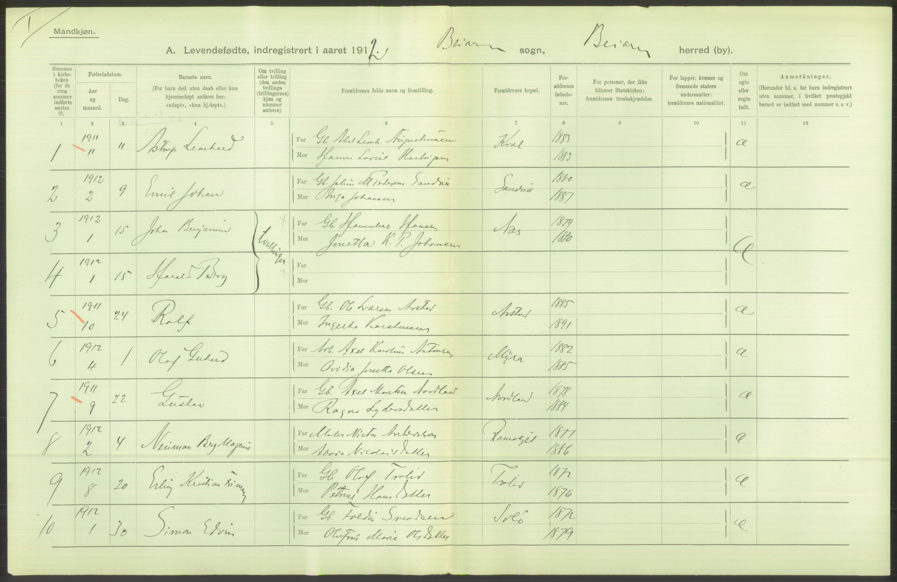 Statistisk sentralbyrå, Sosiodemografiske emner, Befolkning, AV/RA-S-2228/D/Df/Dfb/Dfbb/L0046: Nordlands amt: Levendefødte menn og kvinner. Bygder., 1912, p. 10
