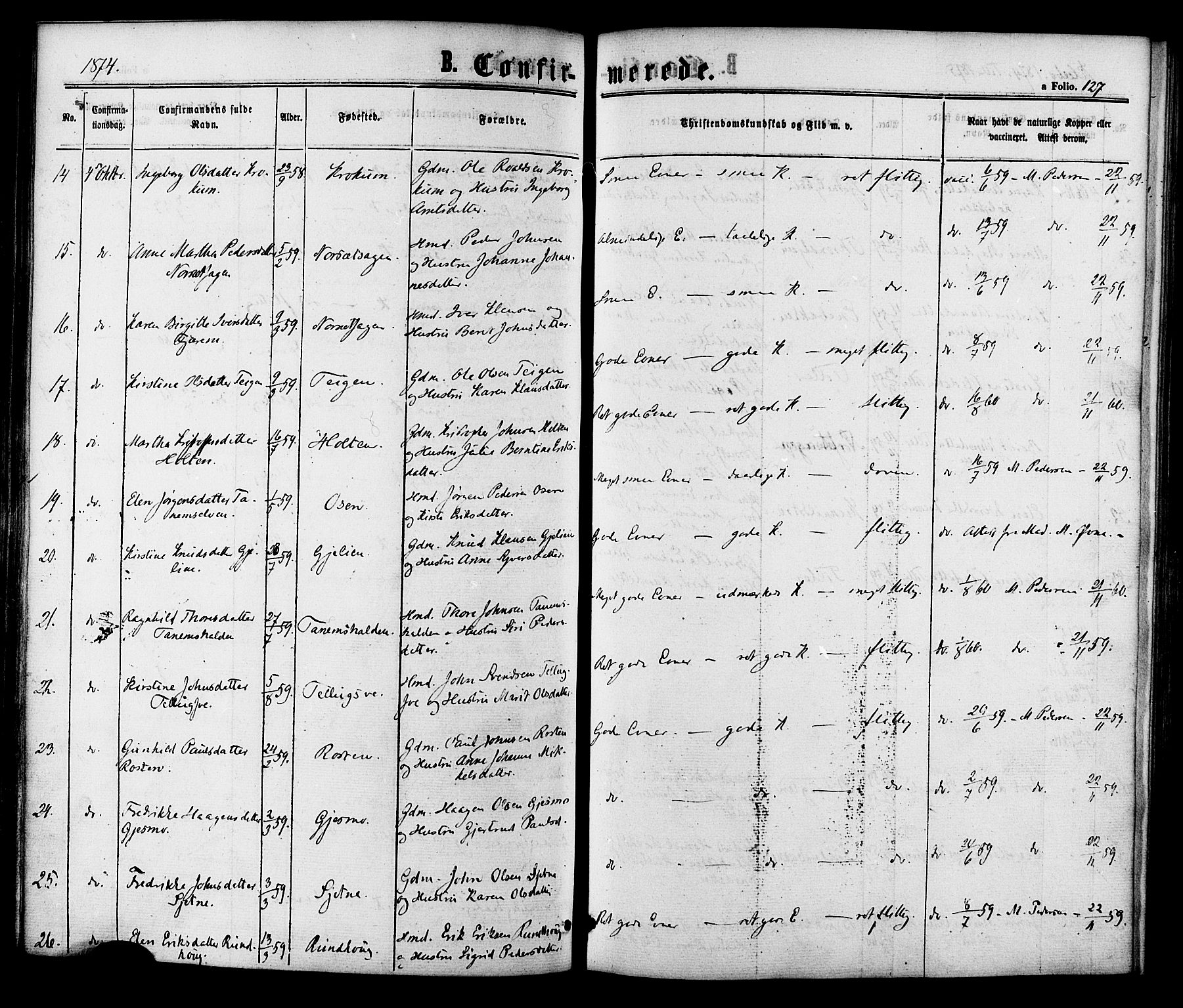 Ministerialprotokoller, klokkerbøker og fødselsregistre - Sør-Trøndelag, AV/SAT-A-1456/618/L0442: Parish register (official) no. 618A06 /1, 1863-1879, p. 127