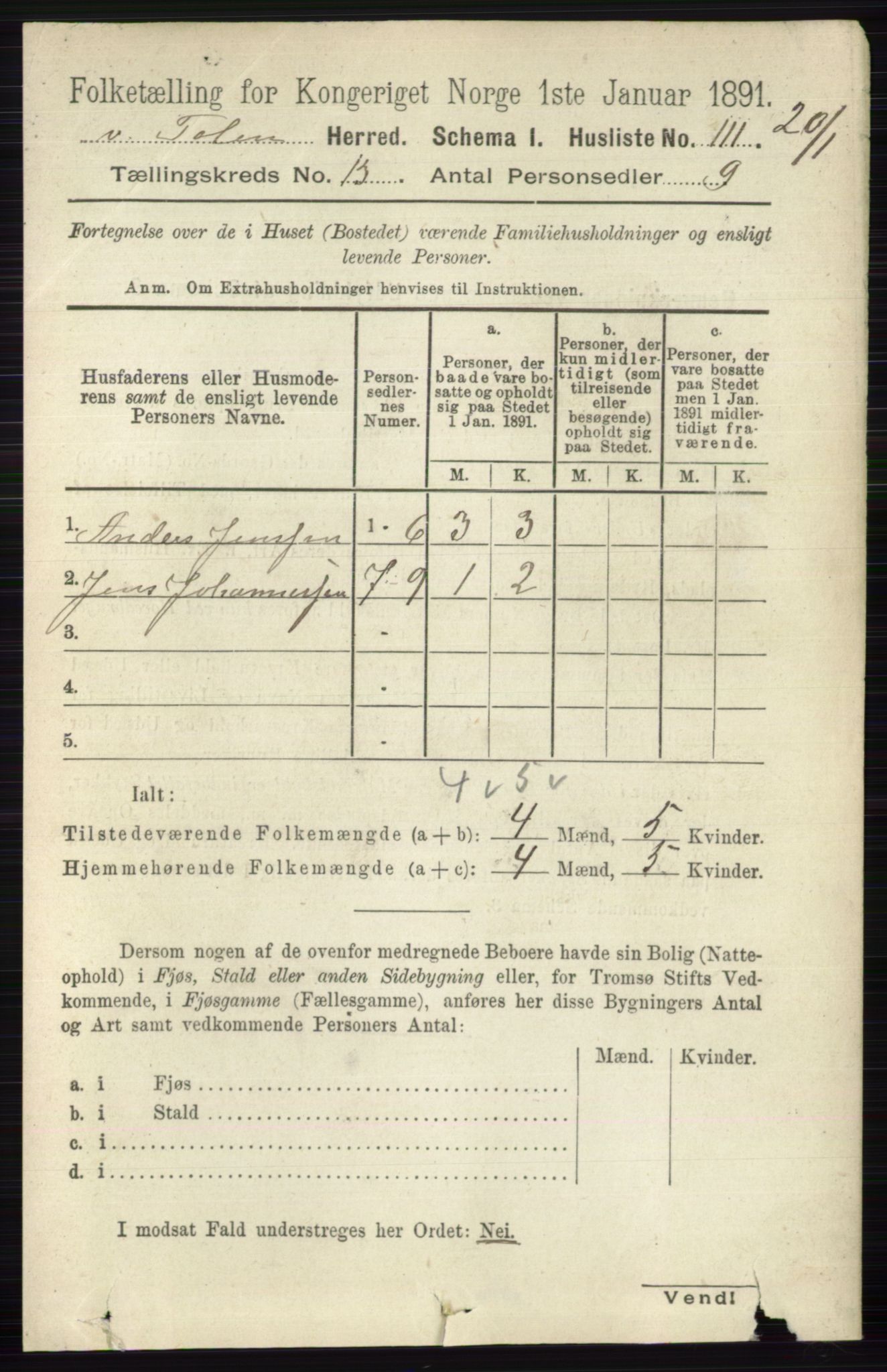 RA, 1891 census for 0529 Vestre Toten, 1891, p. 7811