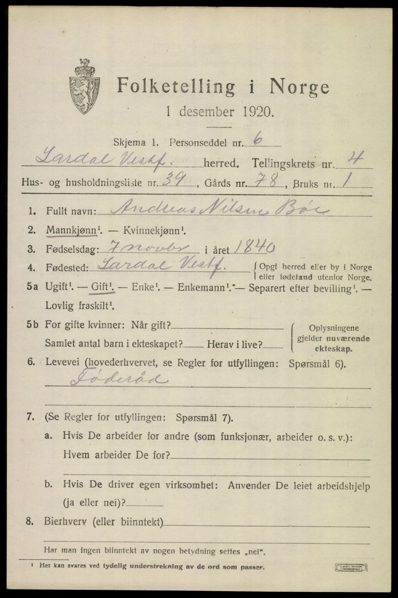 SAKO, 1920 census for Lardal, 1920, p. 4007