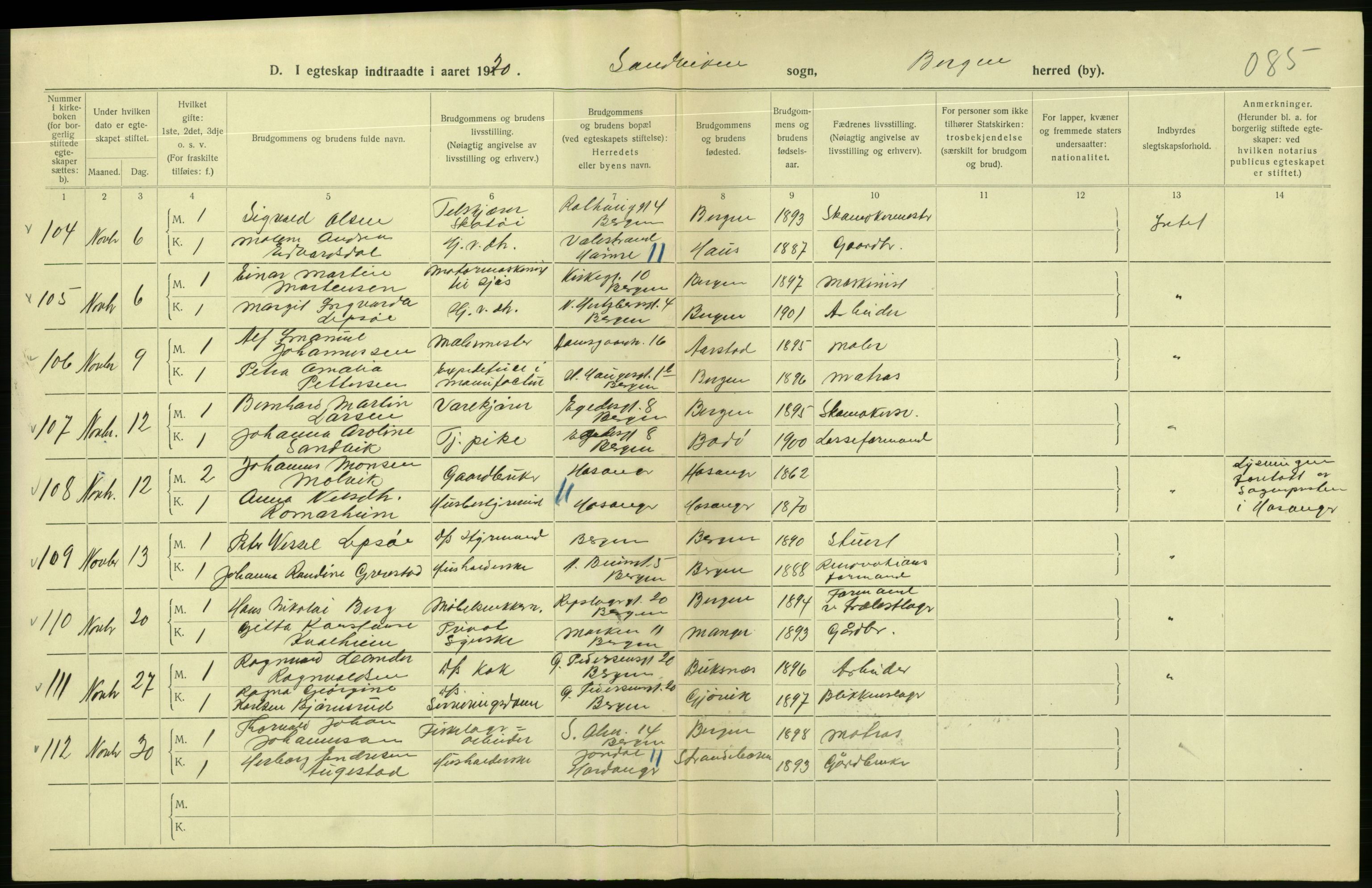 Statistisk sentralbyrå, Sosiodemografiske emner, Befolkning, AV/RA-S-2228/D/Df/Dfb/Dfbj/L0042: Bergen: Gifte, døde, dødfødte., 1920, p. 62