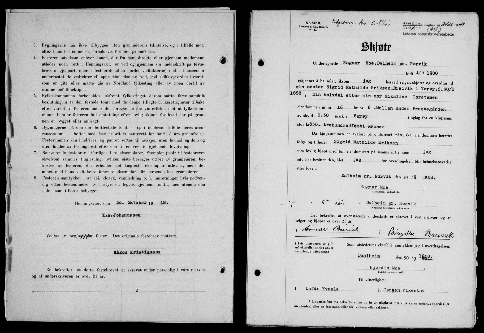 Lofoten sorenskriveri, SAT/A-0017/1/2/2C/L0019a: Mortgage book no. 19a, 1948-1948, Diary no: : 2428/1948