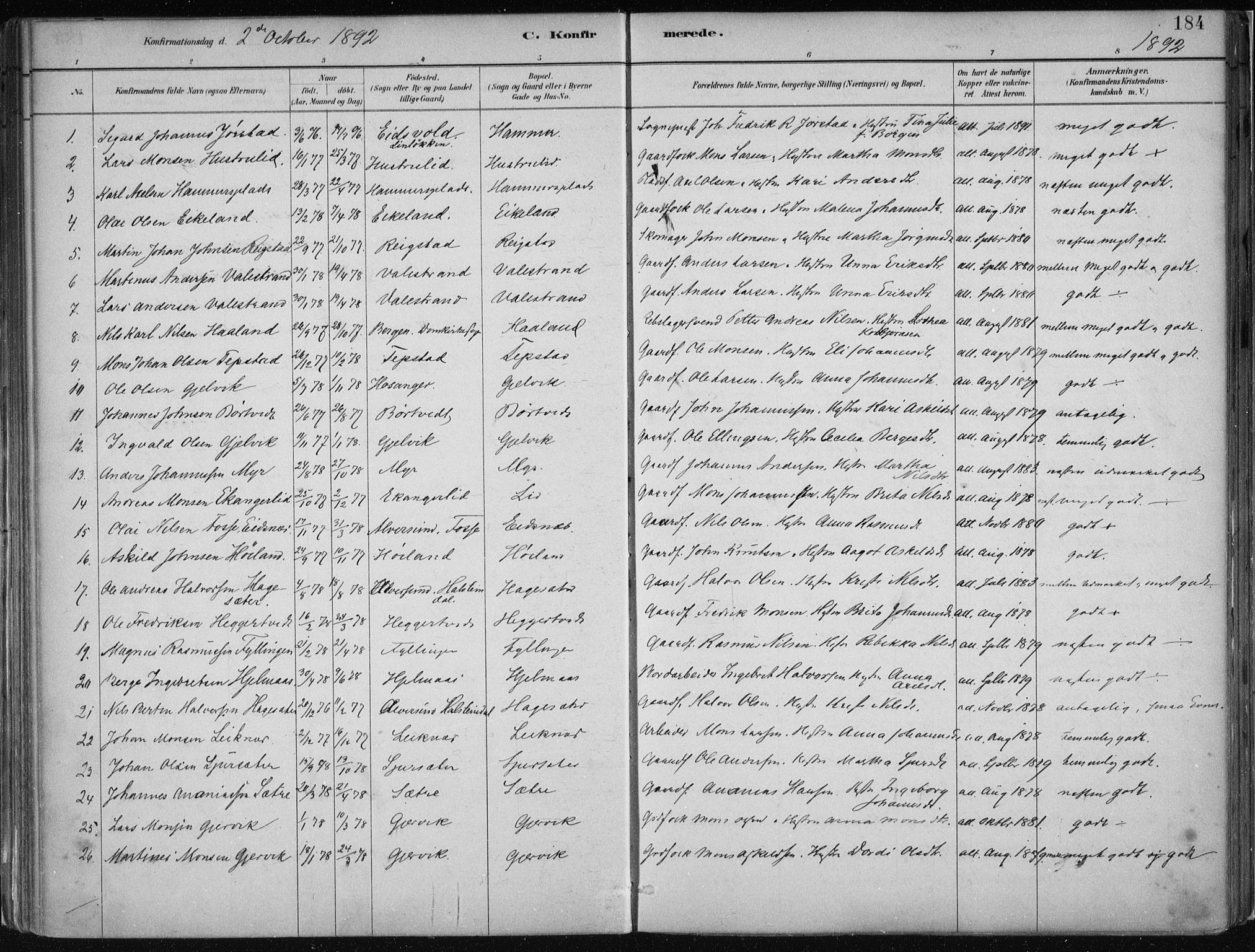 Hamre sokneprestembete, SAB/A-75501/H/Ha/Haa/Haab/L0001: Parish register (official) no. B  1, 1882-1905, p. 184