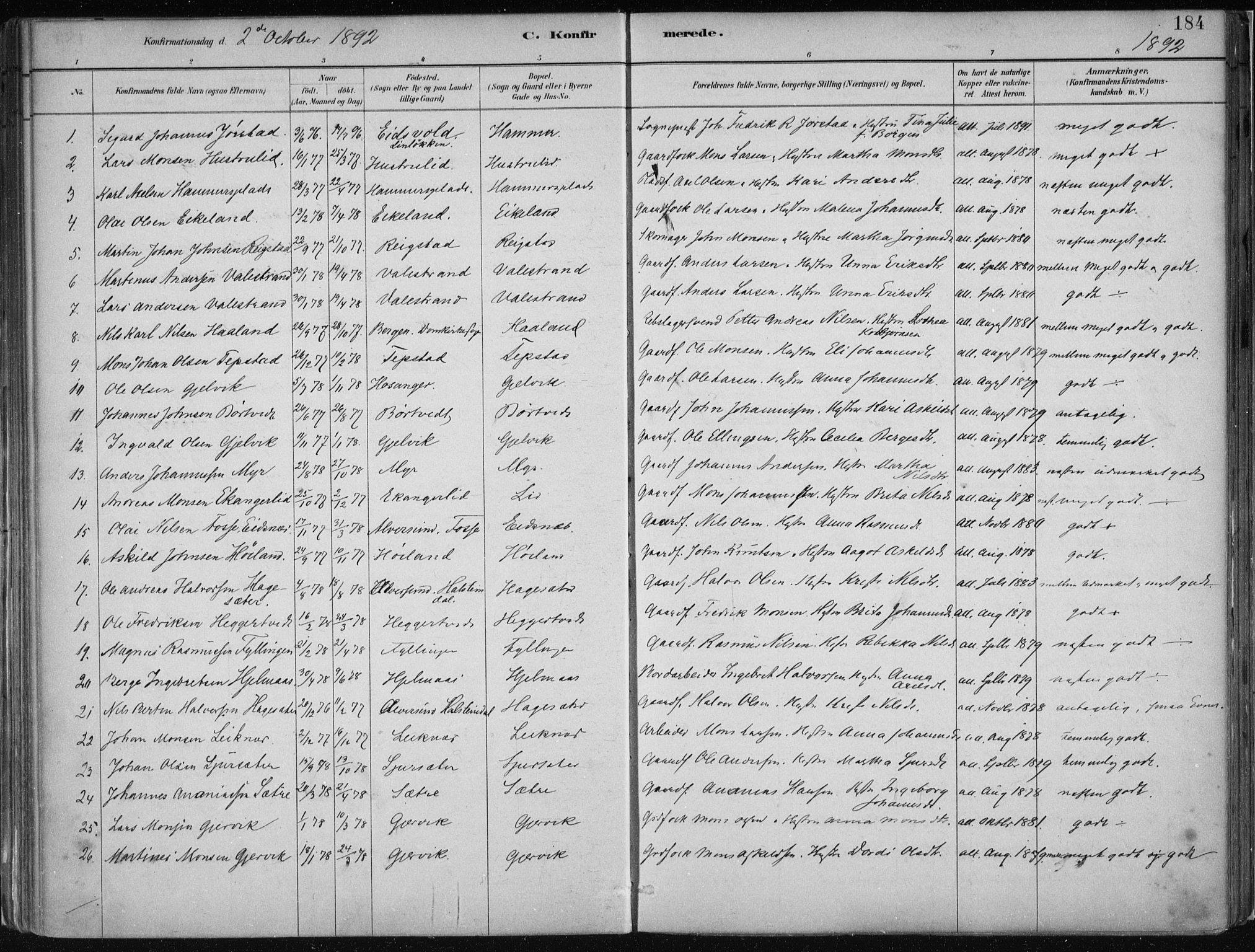 Hamre sokneprestembete, AV/SAB-A-75501/H/Ha/Haa/Haab/L0001: Parish register (official) no. B  1, 1882-1905, p. 184