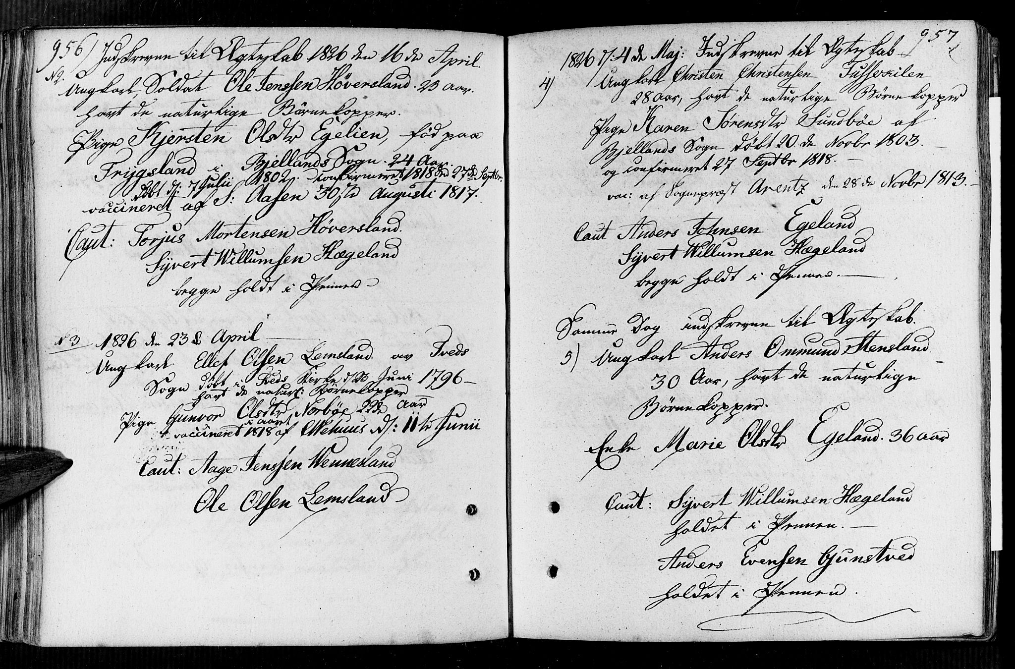 Vennesla sokneprestkontor, AV/SAK-1111-0045/Fa/Faa/L0002: Parish register (official) no. A 2, 1785-1834, p. 956-957