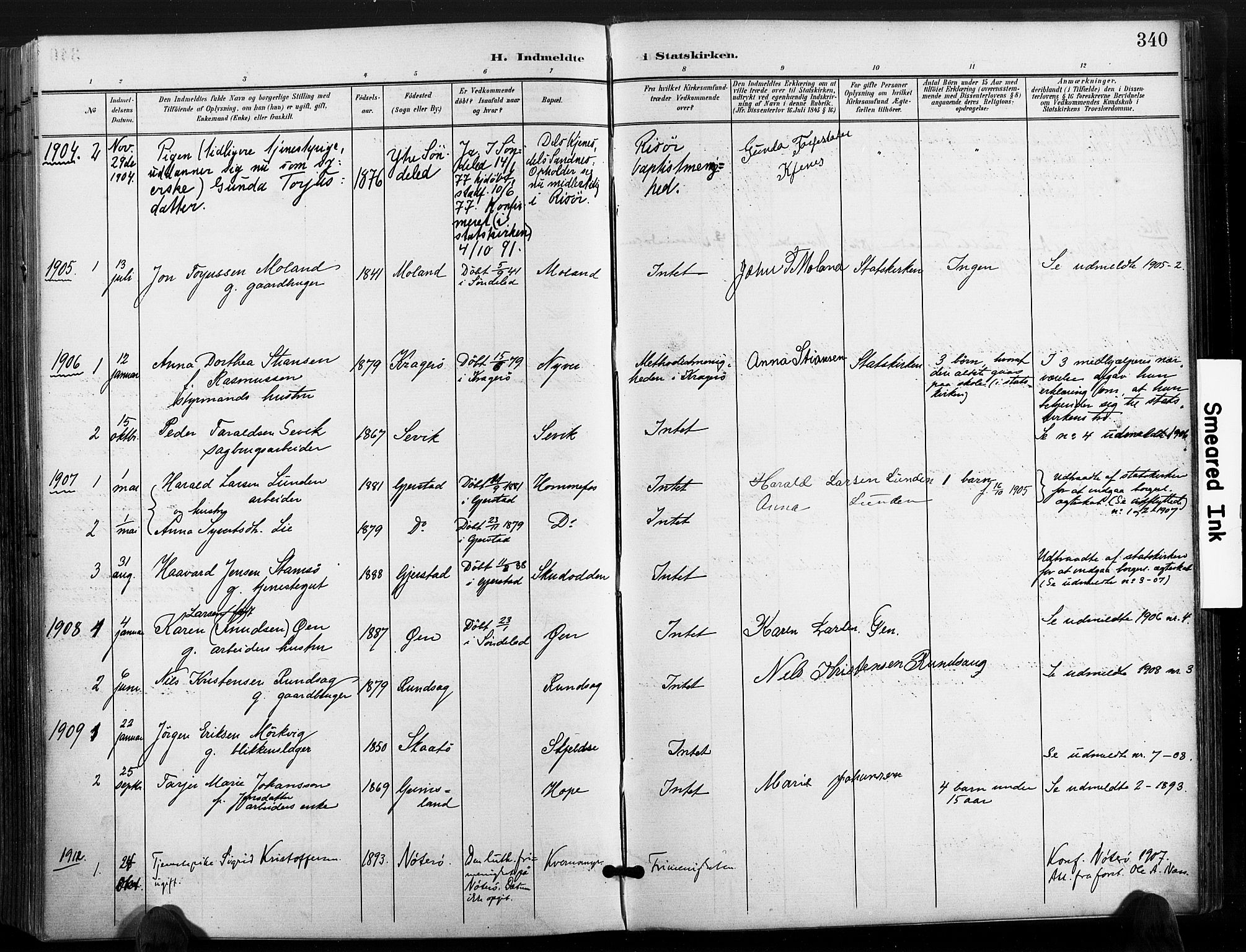 Søndeled sokneprestkontor, SAK/1111-0038/F/Fa/L0006: Parish register (official) no. A 6, 1900-1922, p. 340