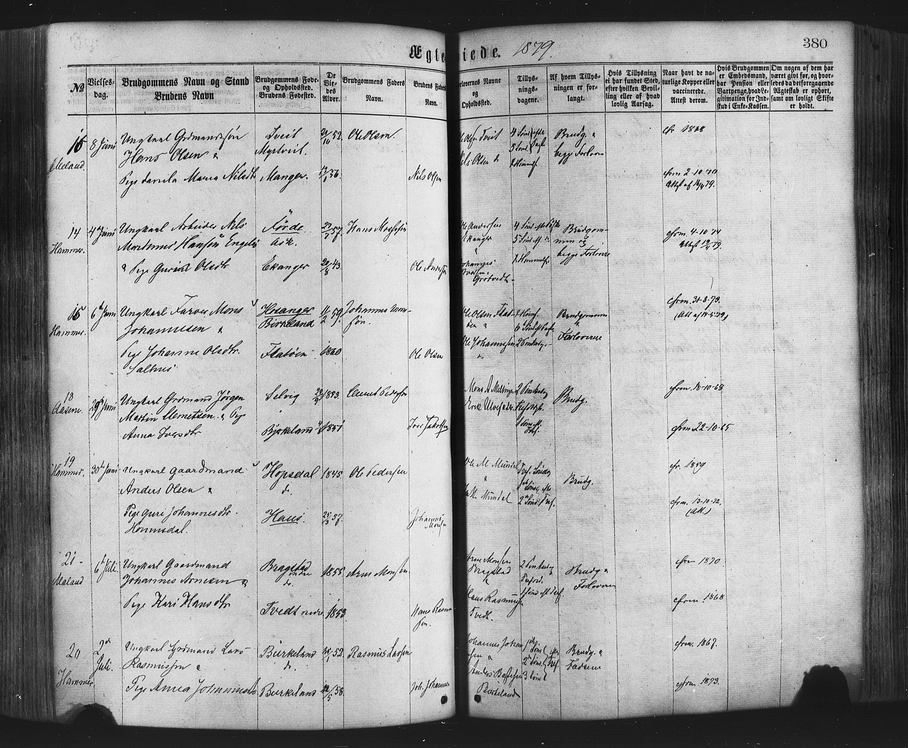 Hamre sokneprestembete, AV/SAB-A-75501/H/Ha/Haa/Haaa/L0015: Parish register (official) no. A 15, 1870-1881, p. 380