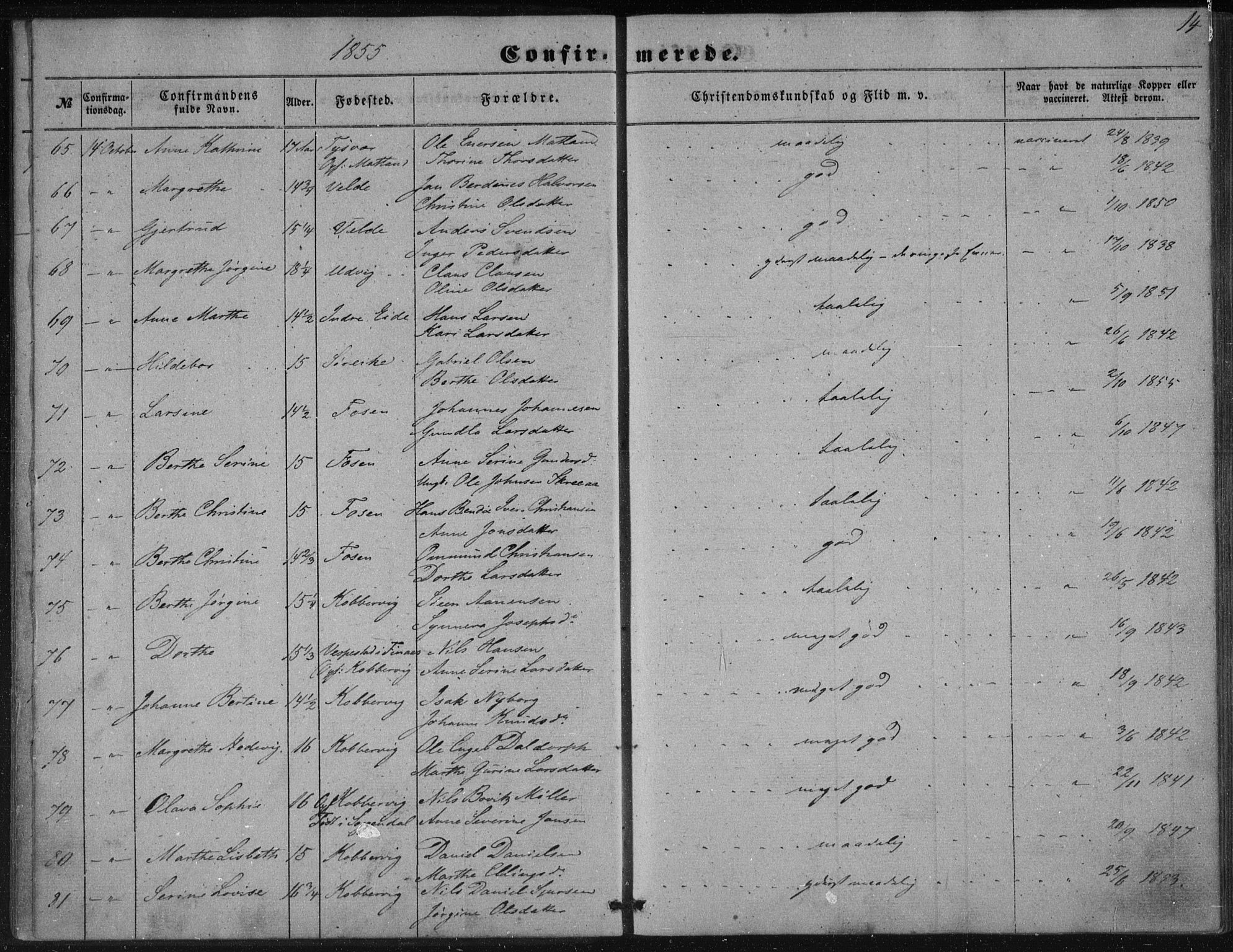 Avaldsnes sokneprestkontor, AV/SAST-A -101851/H/Ha/Haa/L0009: Parish register (official) no. A 9, 1853-1865, p. 14