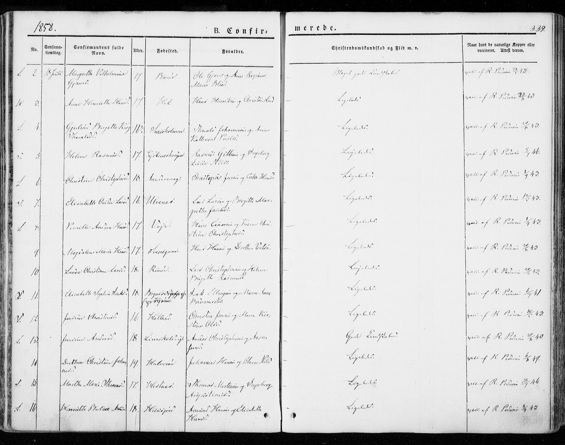 Ministerialprotokoller, klokkerbøker og fødselsregistre - Nordland, AV/SAT-A-1459/872/L1033: Parish register (official) no. 872A08, 1840-1863, p. 339