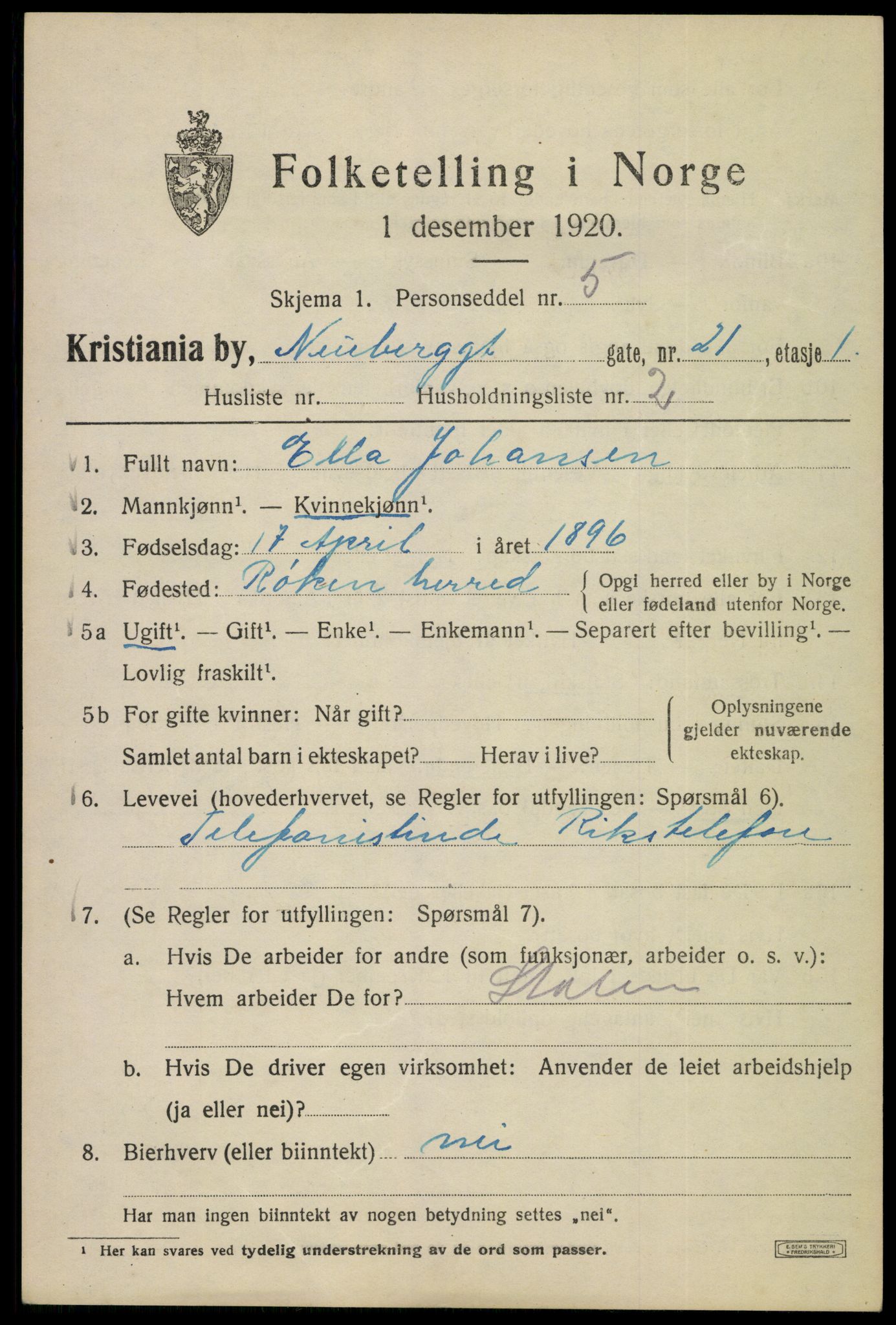 SAO, 1920 census for Kristiania, 1920, p. 412639