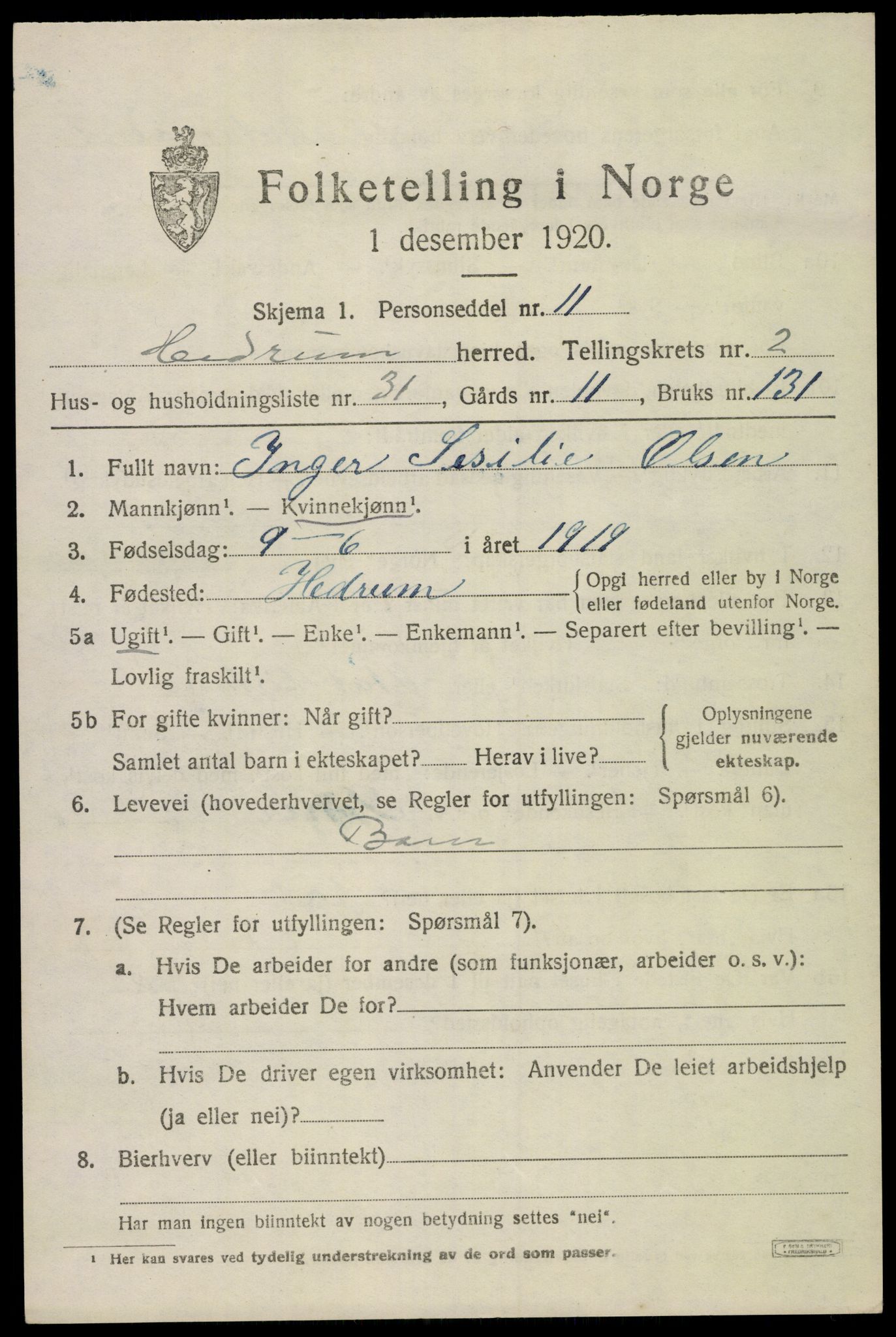 SAKO, 1920 census for Hedrum, 1920, p. 2821