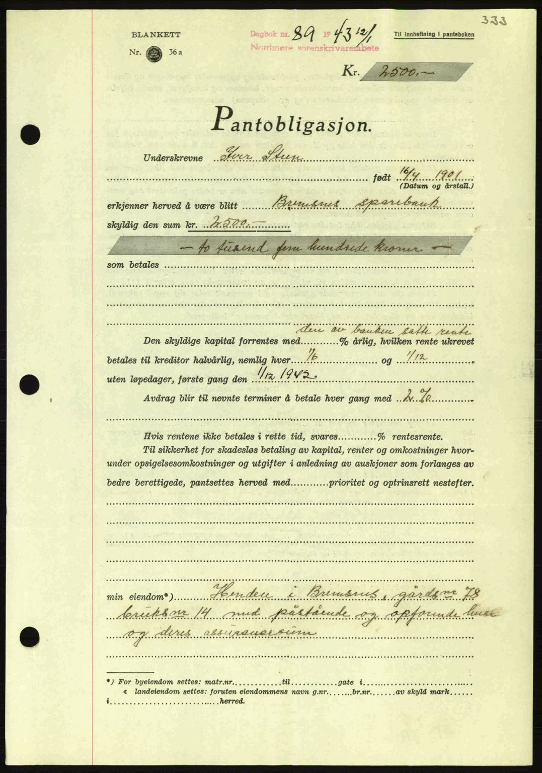 Nordmøre sorenskriveri, AV/SAT-A-4132/1/2/2Ca: Mortgage book no. B90, 1942-1943, Diary no: : 89/1943