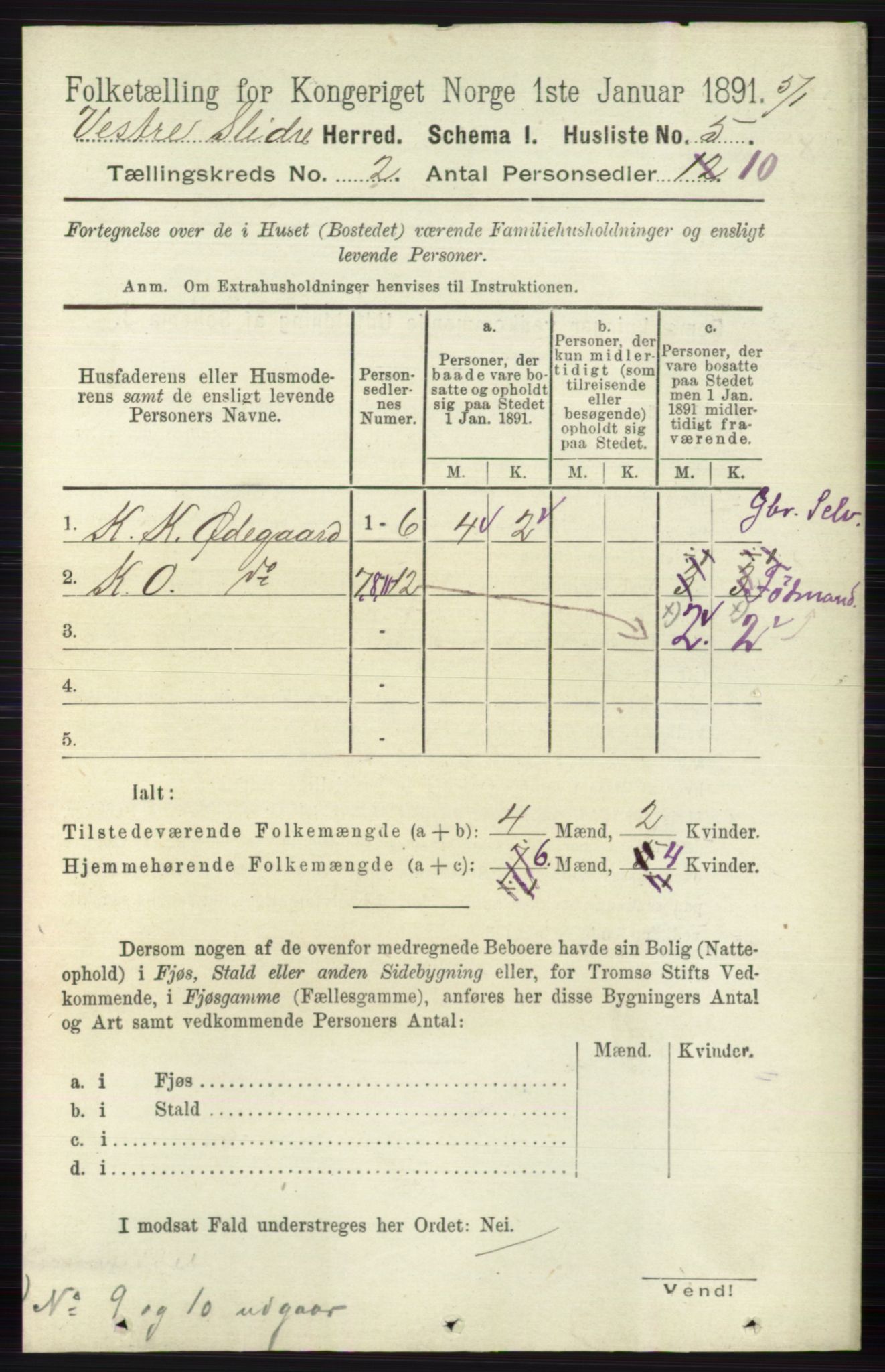 RA, 1891 census for 0543 Vestre Slidre, 1891, p. 463