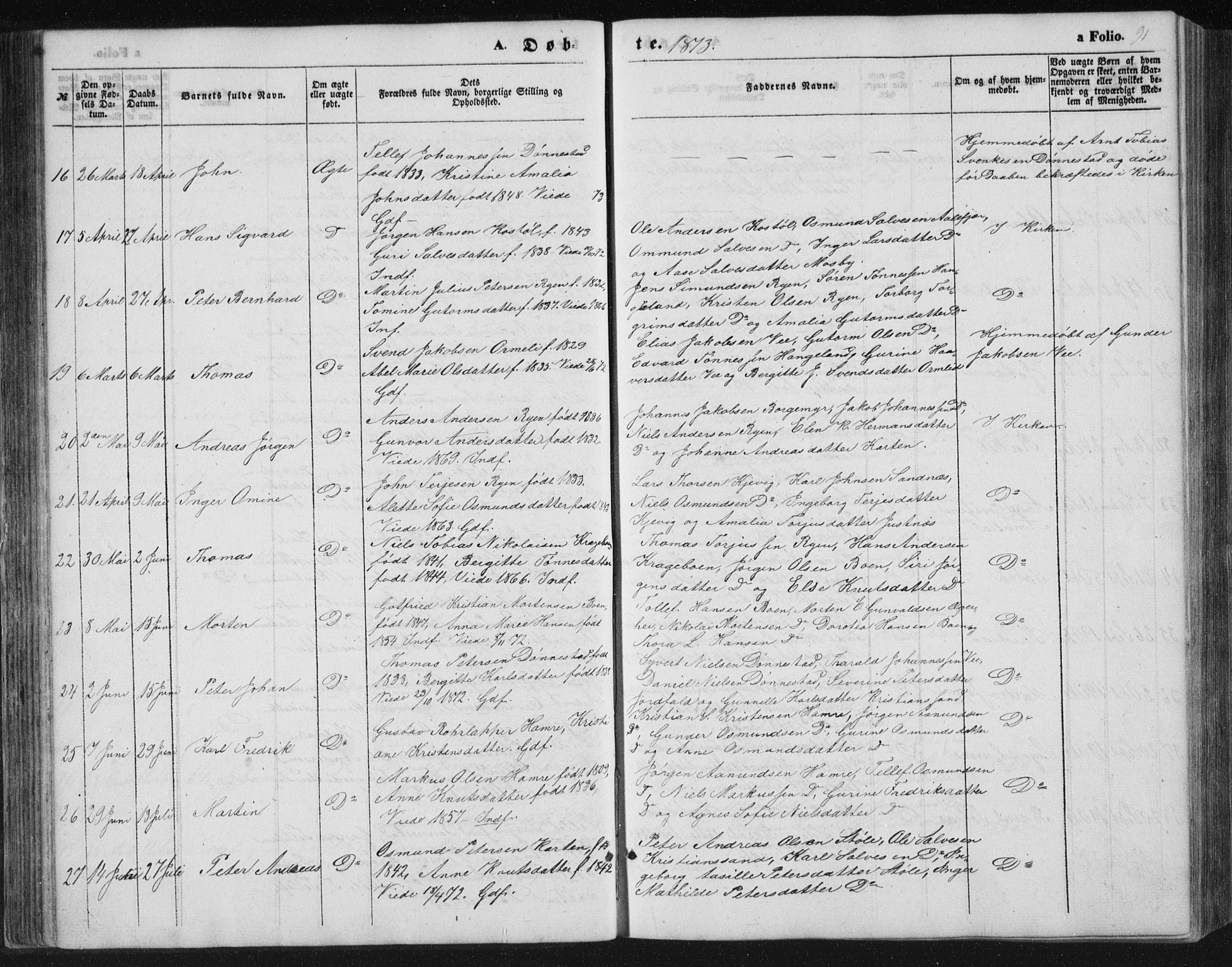 Tveit sokneprestkontor, AV/SAK-1111-0043/F/Fb/L0003: Parish register (copy) no. B 3, 1854-1886, p. 91