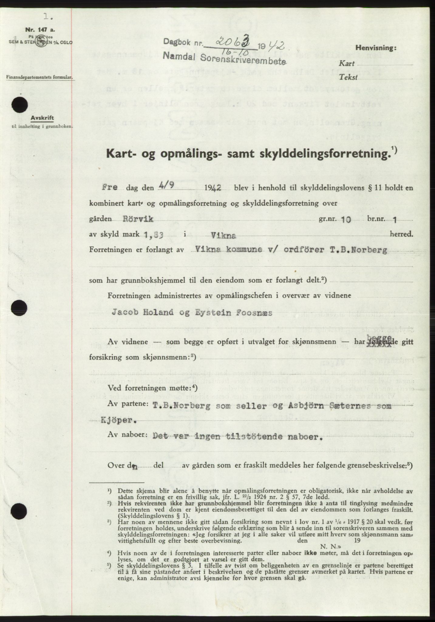 Namdal sorenskriveri, SAT/A-4133/1/2/2C: Mortgage book no. -, 1942-1943, Diary no: : 2063/1942
