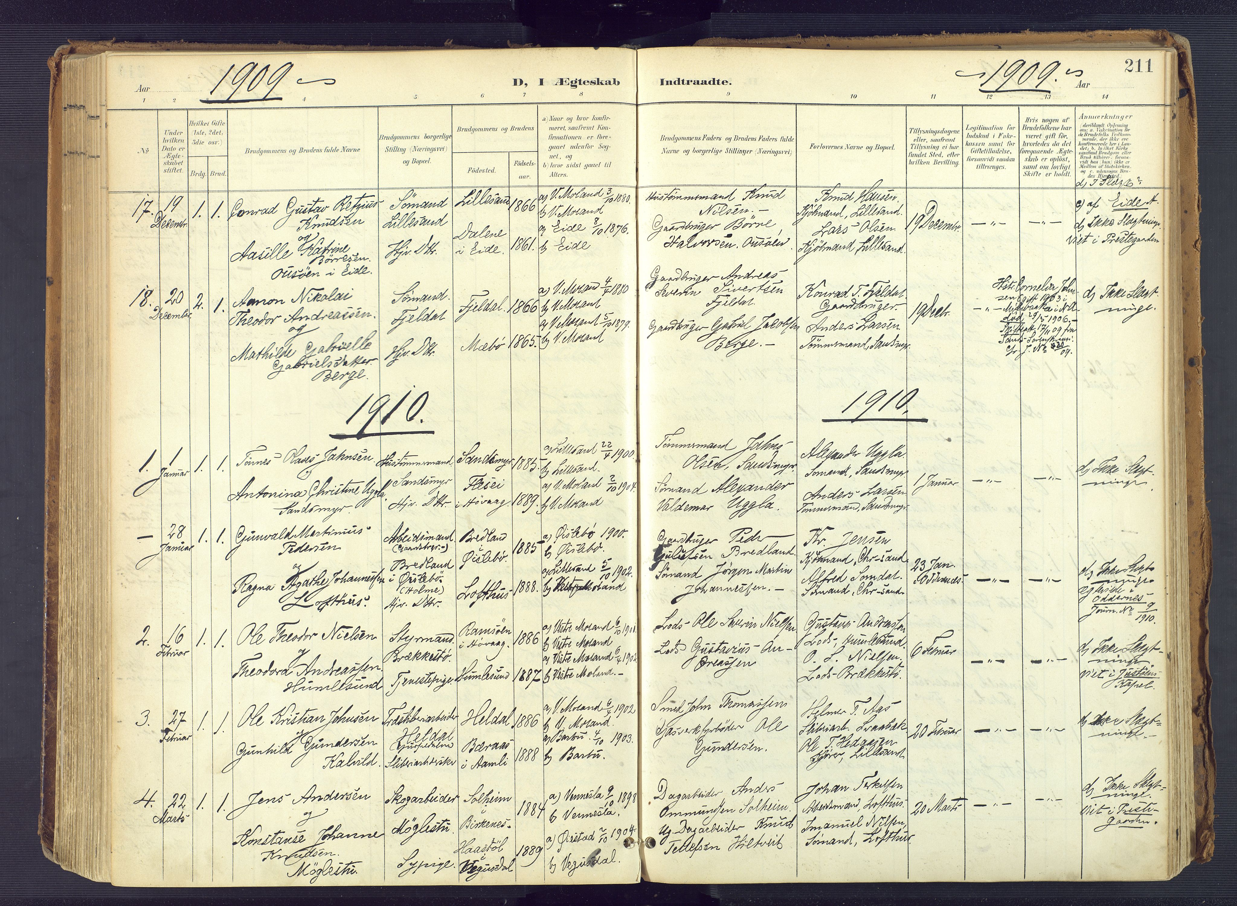 Vestre Moland sokneprestkontor, AV/SAK-1111-0046/F/Fa/Fab/L0010: Parish register (official) no. A 10, 1900-1926, p. 211