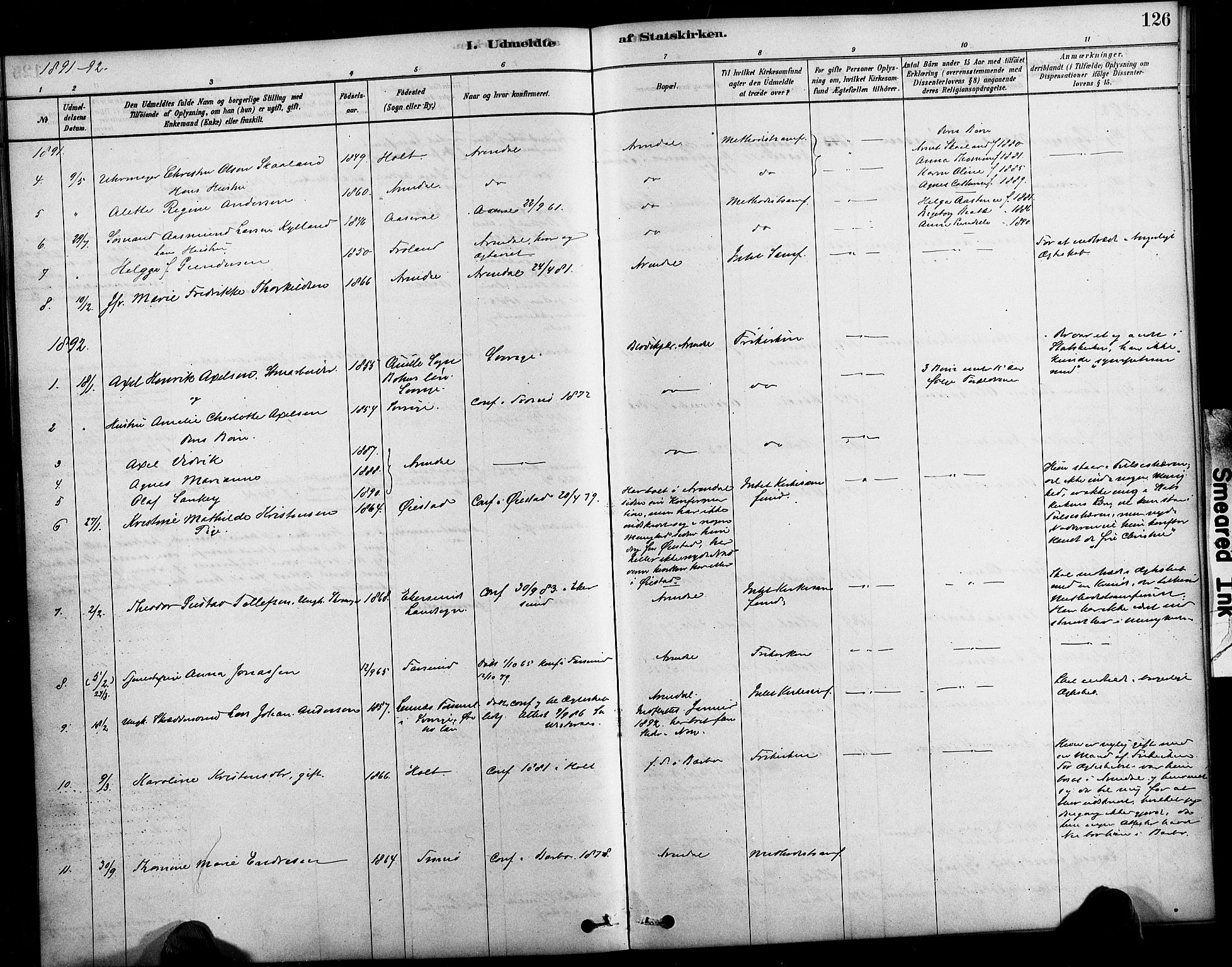 Arendal sokneprestkontor, Trefoldighet, SAK/1111-0040/F/Fa/L0009: Parish register (official) no. A 9, 1878-1919, p. 126