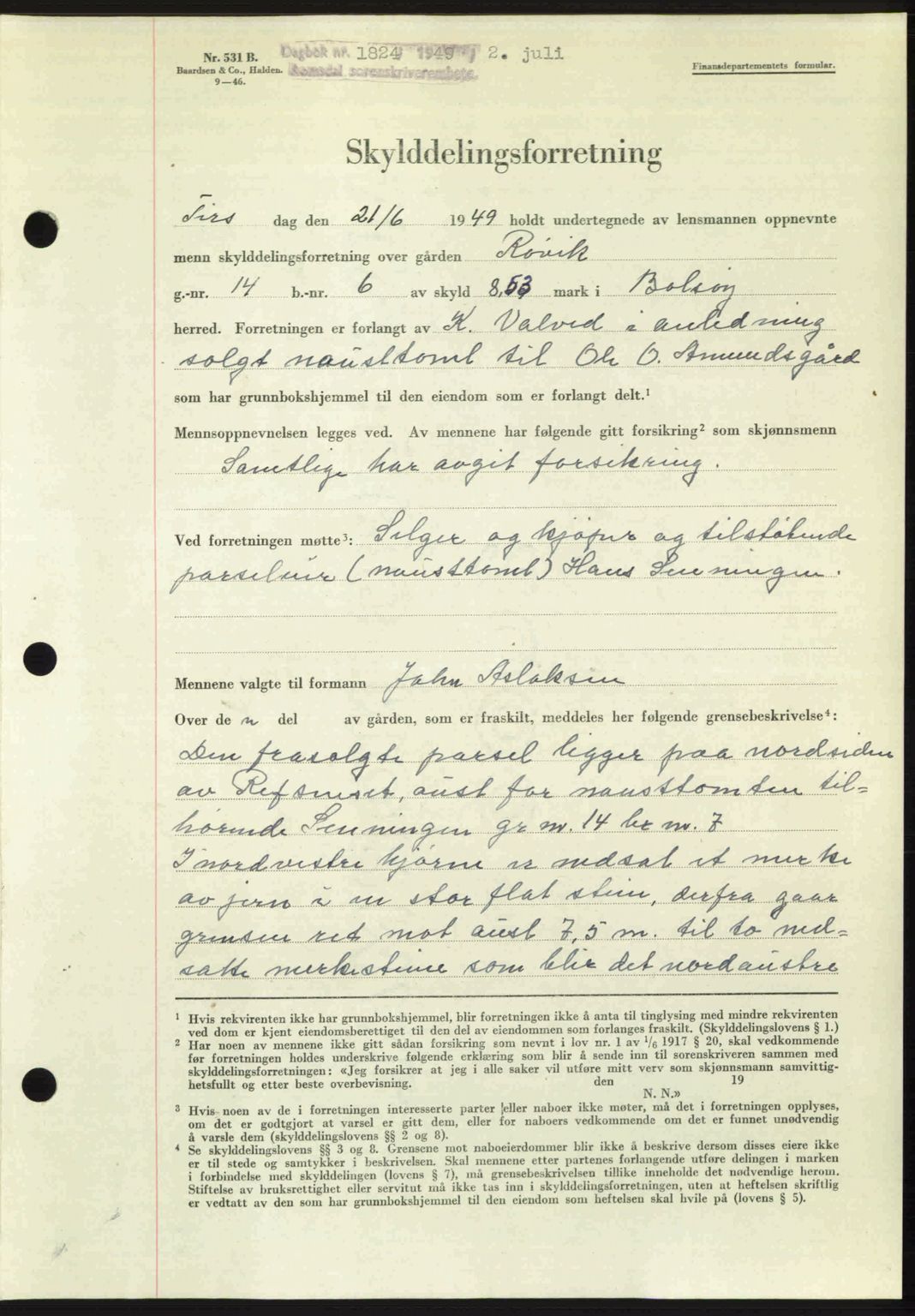 Romsdal sorenskriveri, AV/SAT-A-4149/1/2/2C: Mortgage book no. A30, 1949-1949, Diary no: : 1824/1949