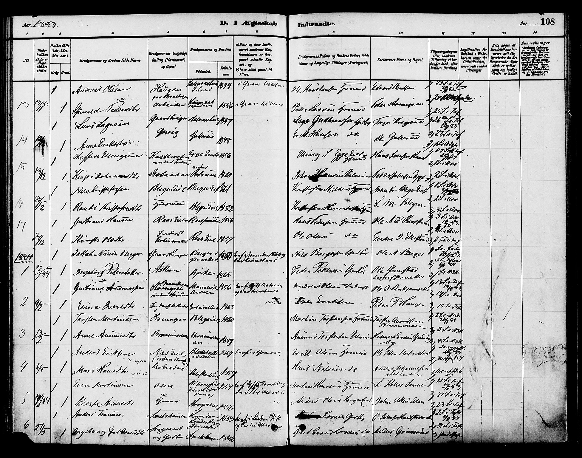 Gran prestekontor, AV/SAH-PREST-112/H/Ha/Haa/L0015: Parish register (official) no. 15, 1880-1888, p. 108