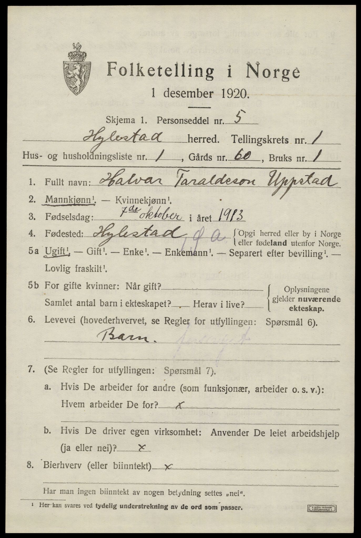 SAK, 1920 census for Hylestad, 1920, p. 288