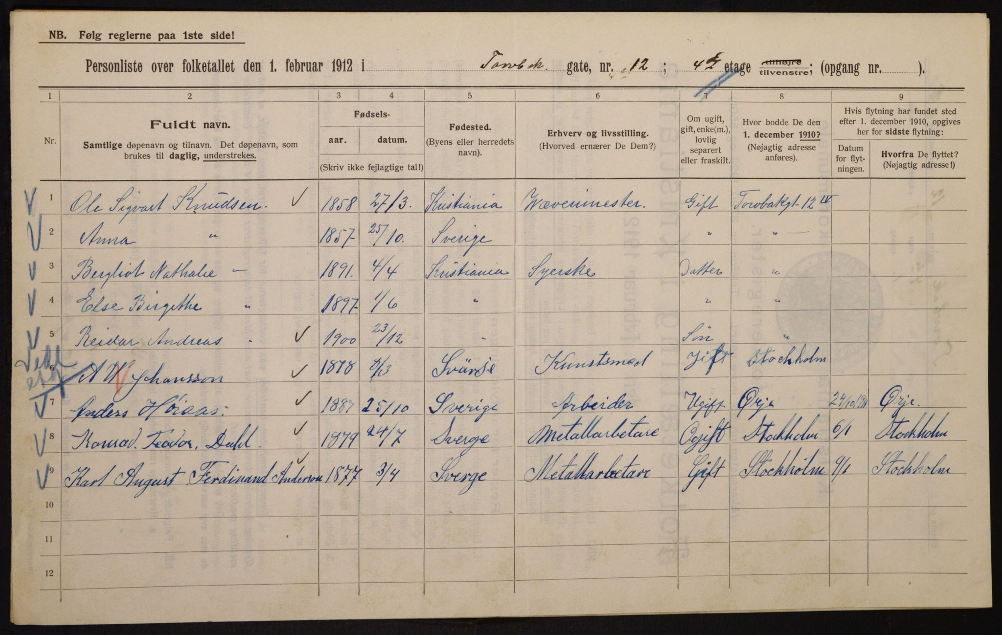 OBA, Municipal Census 1912 for Kristiania, 1912, p. 115114