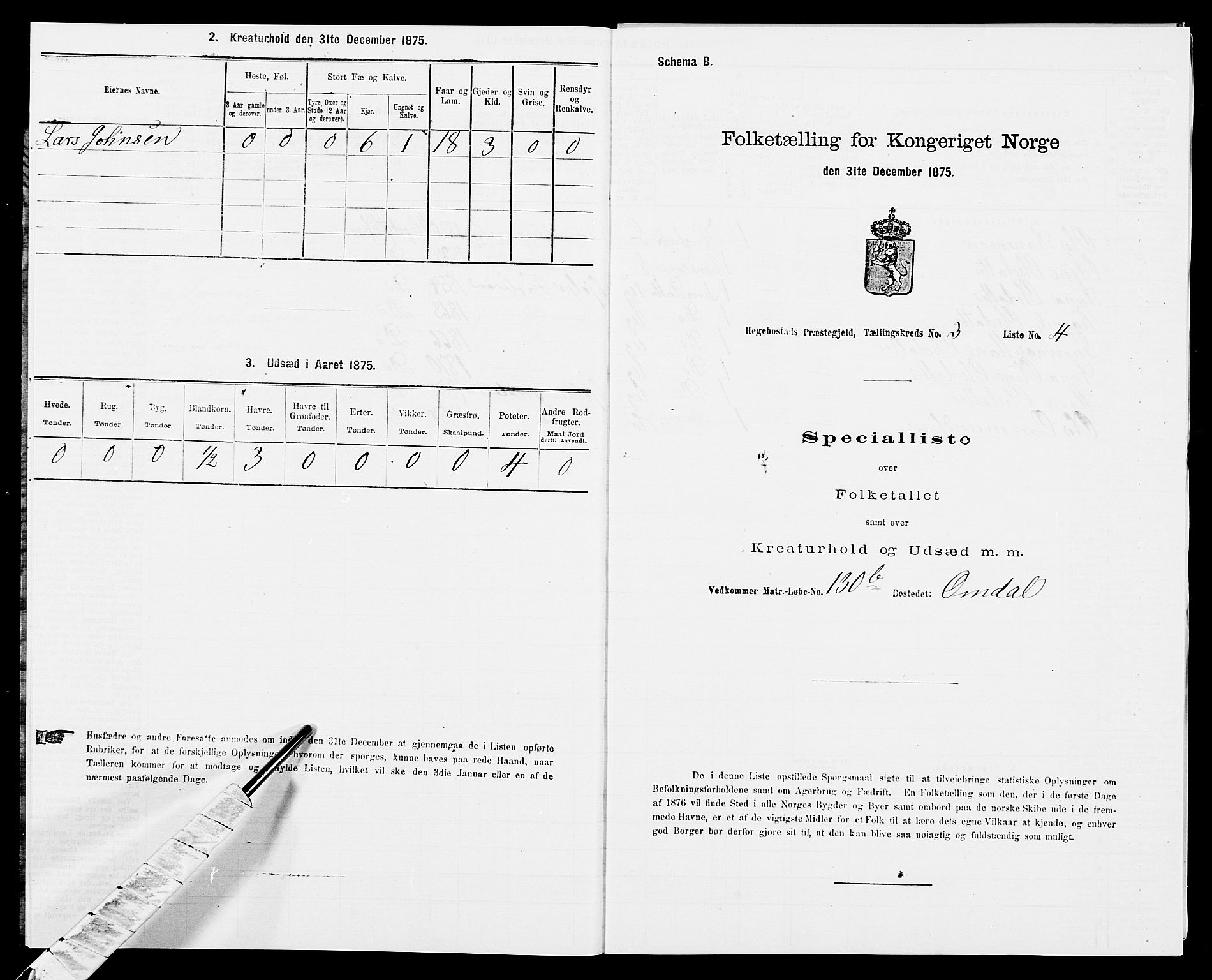 SAK, 1875 census for 1034P Hægebostad, 1875, p. 207