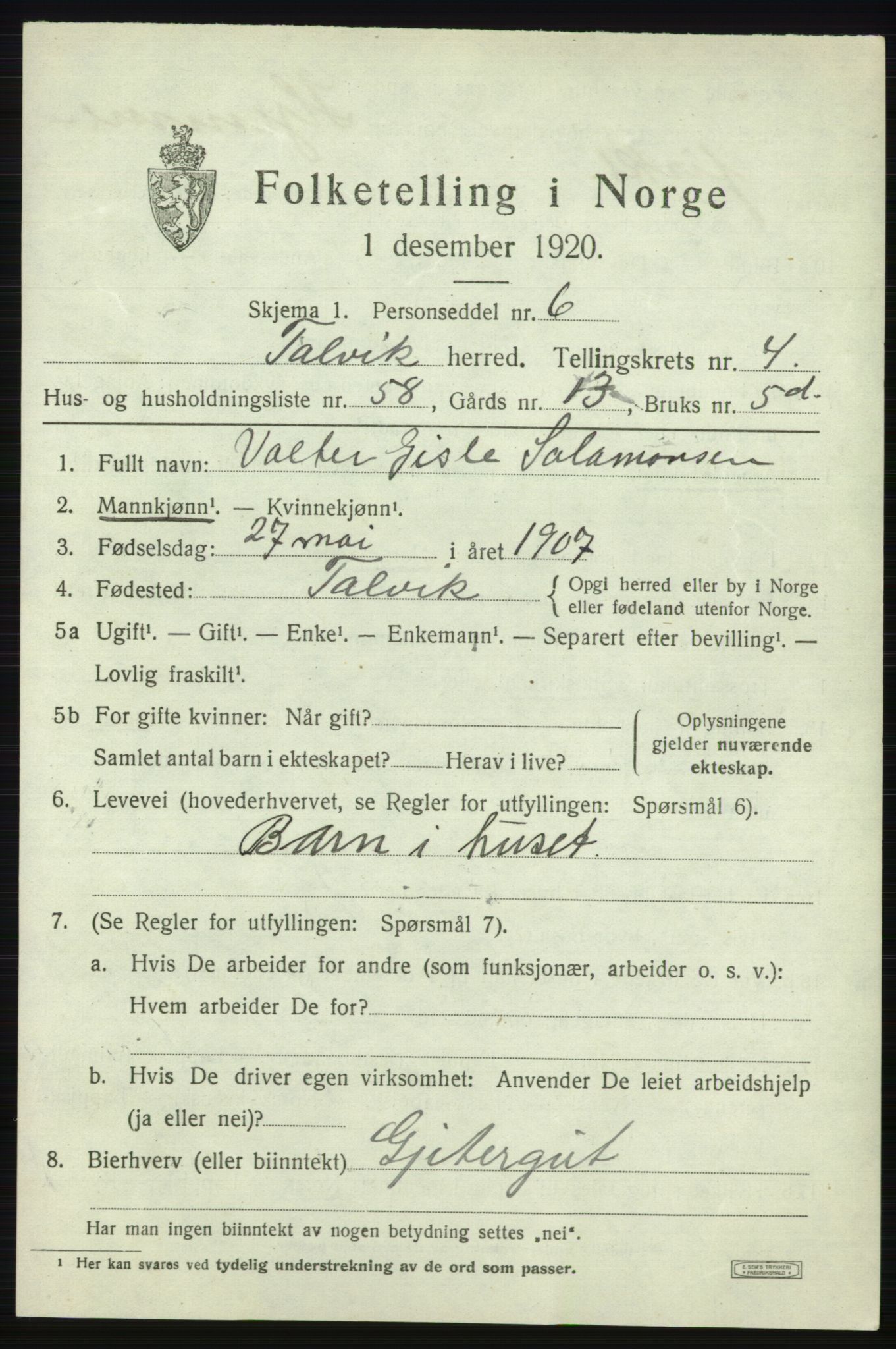 SATØ, 1920 census for Talvik, 1920, p. 3248