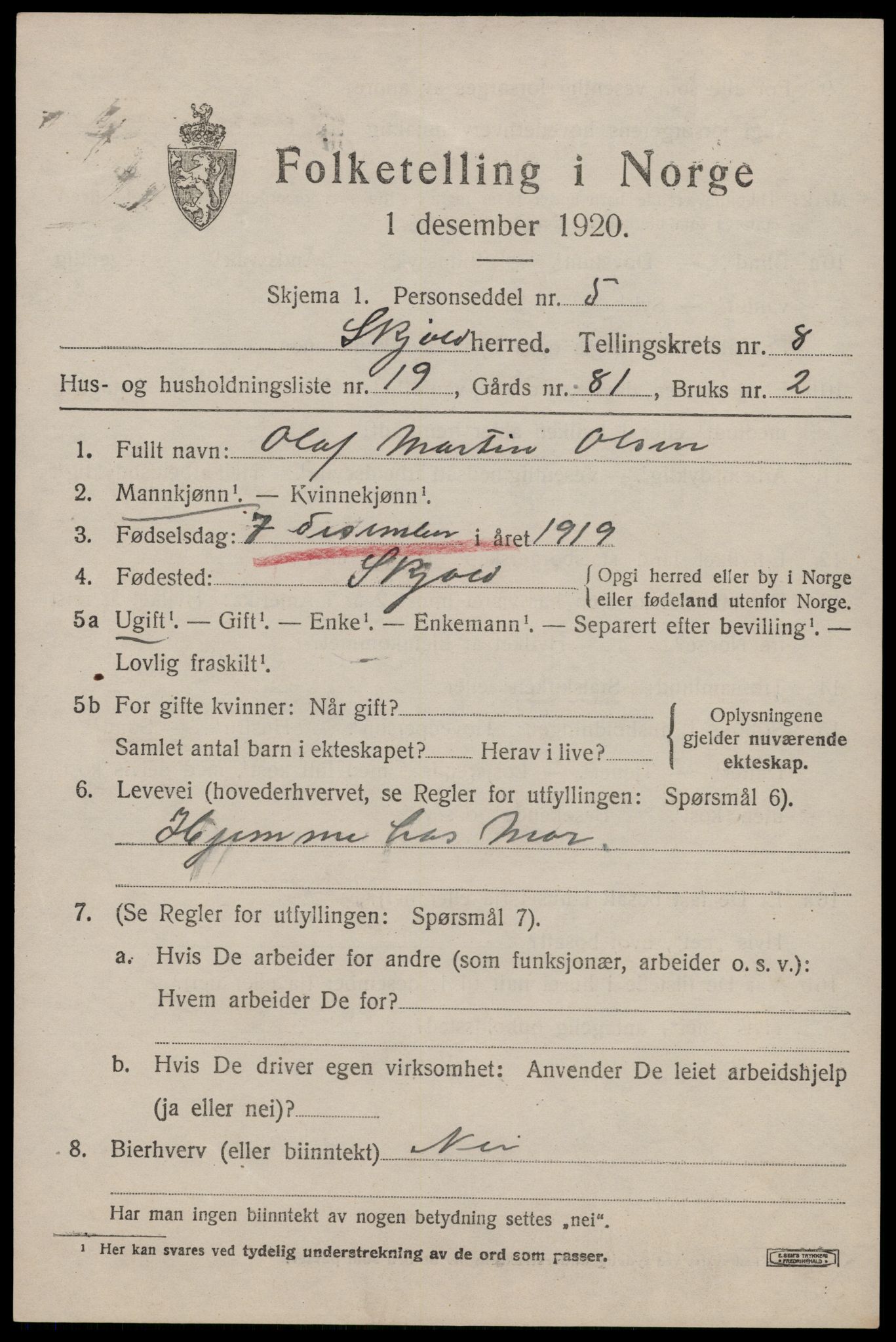 SAST, 1920 census for Skjold, 1920, p. 4380