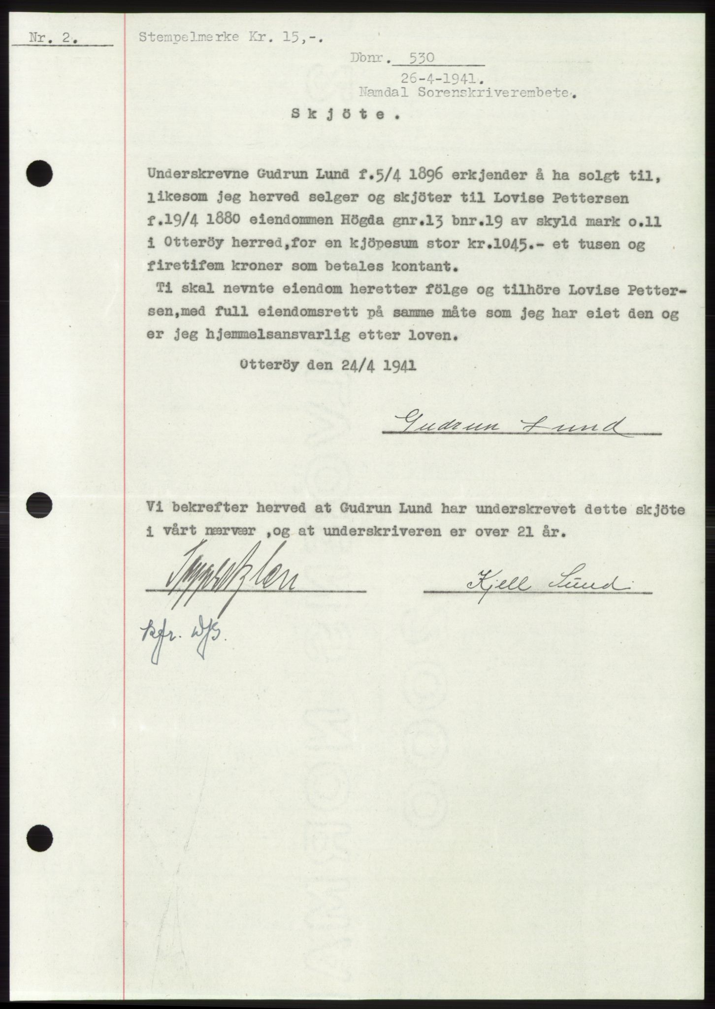 Namdal sorenskriveri, SAT/A-4133/1/2/2C: Mortgage book no. -, 1940-1941, Deed date: 26.04.1941