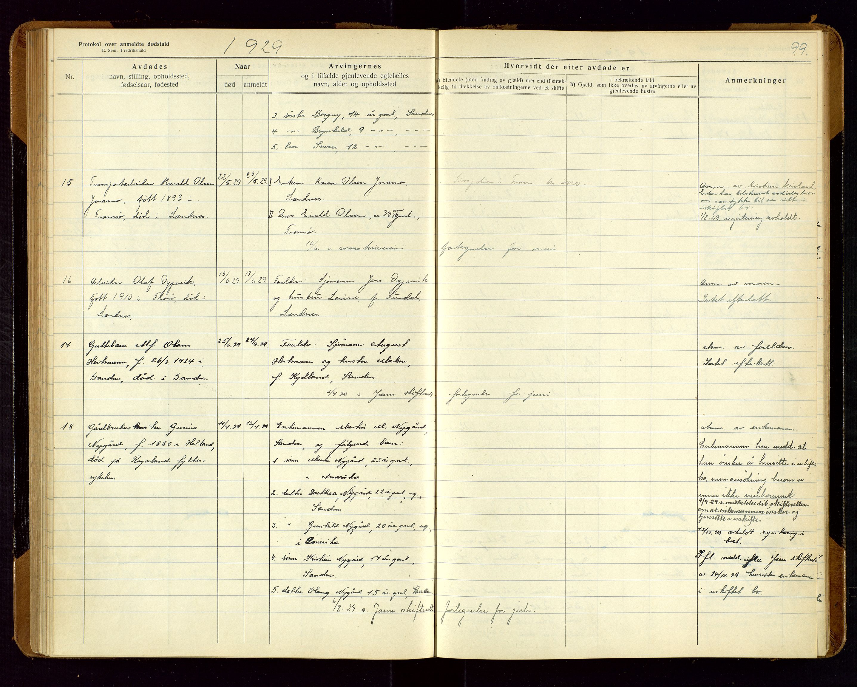 Sandnes lensmannskontor, SAST/A-100167/Gga/L0001: "Protokol over anmeldte dødsfald" m/register, 1918-1940, p. 99