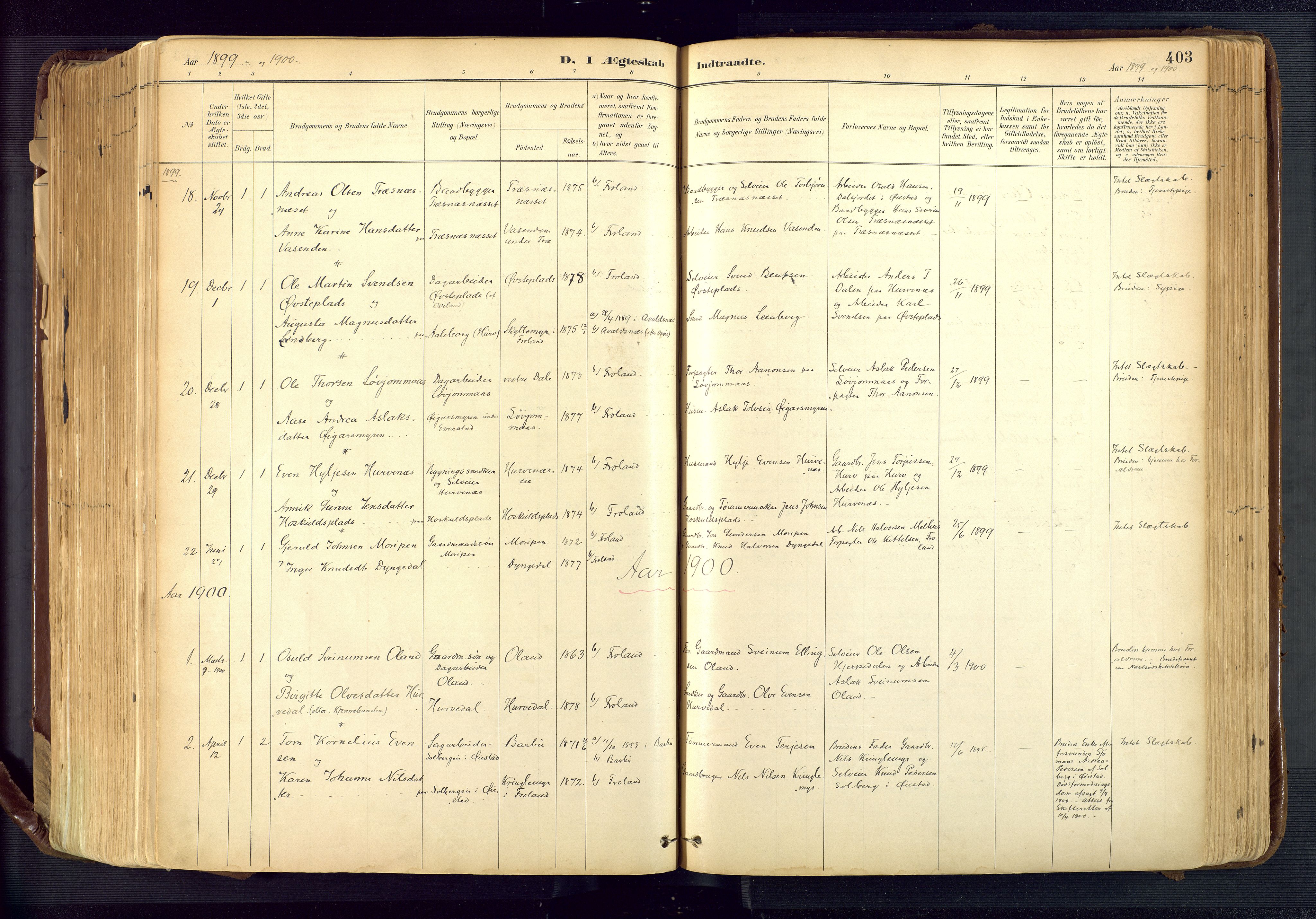 Froland sokneprestkontor, SAK/1111-0013/F/Fa/L0005: Parish register (official) no. A 5, 1882-1921, p. 403