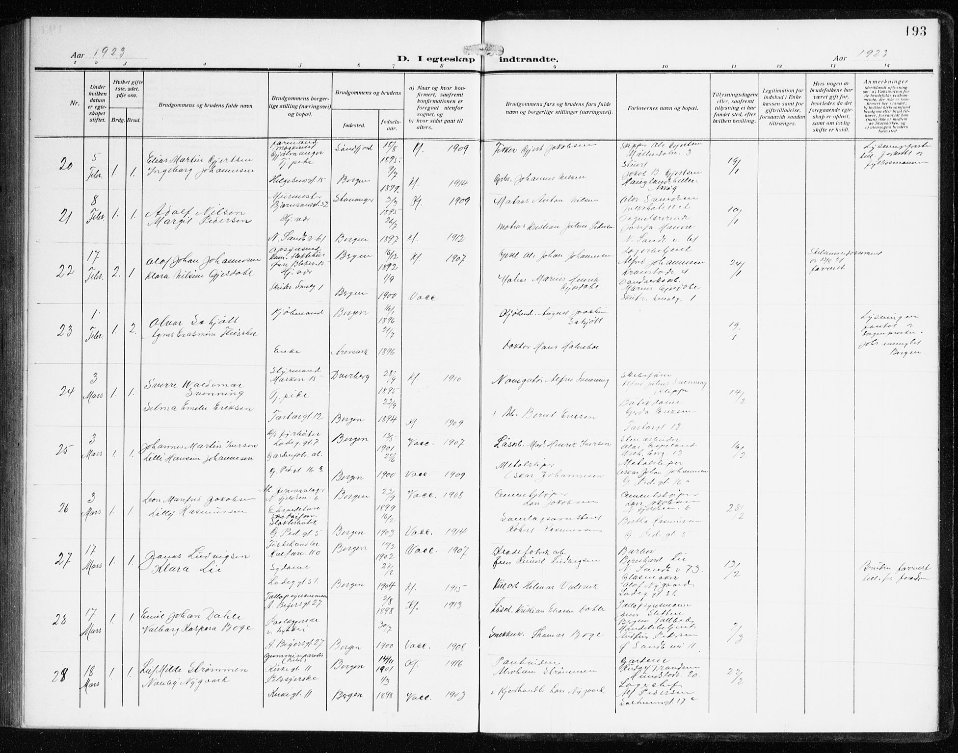 Sandviken Sokneprestembete, AV/SAB-A-77601/H/Ha/L0015: Parish register (official) no. D 2, 1911-1923, p. 193