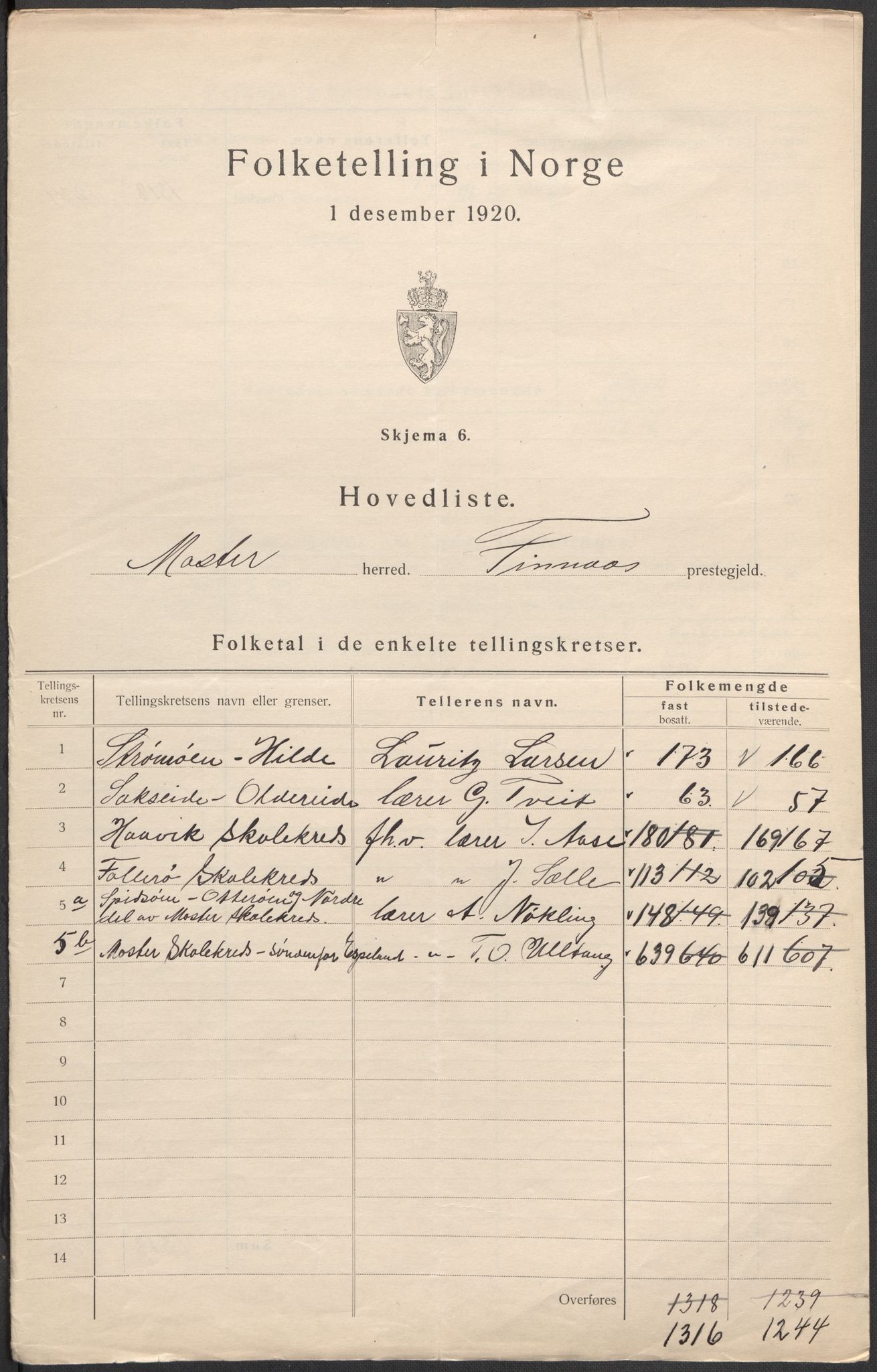 SAB, 1920 census for Moster, 1920, p. 2