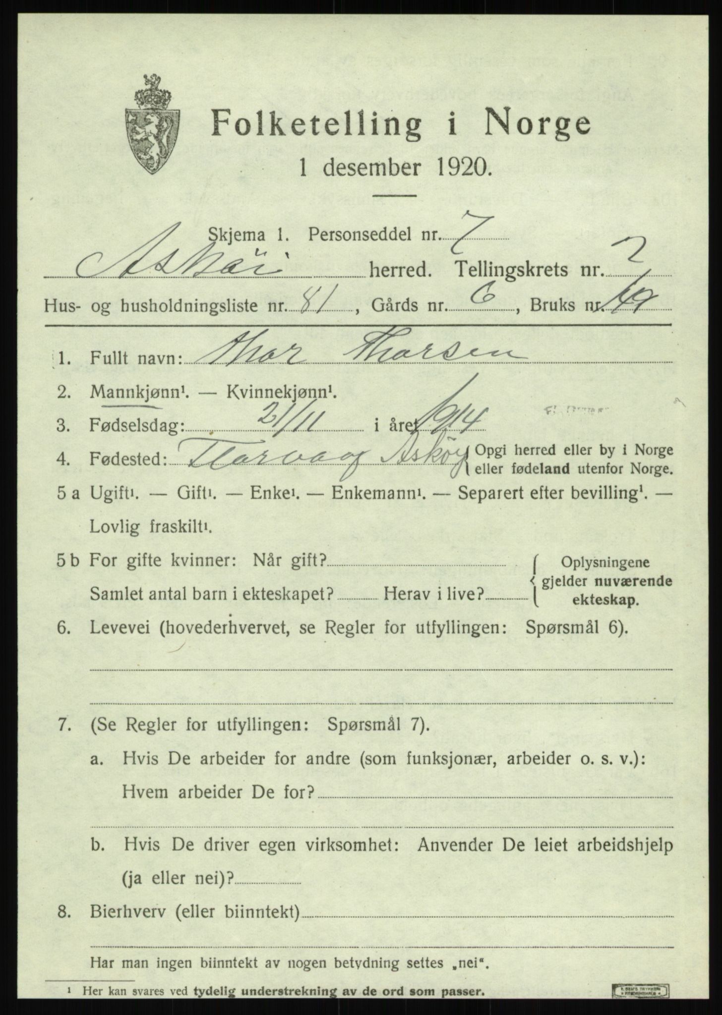 SAB, 1920 census for Askøy, 1920, p. 5506