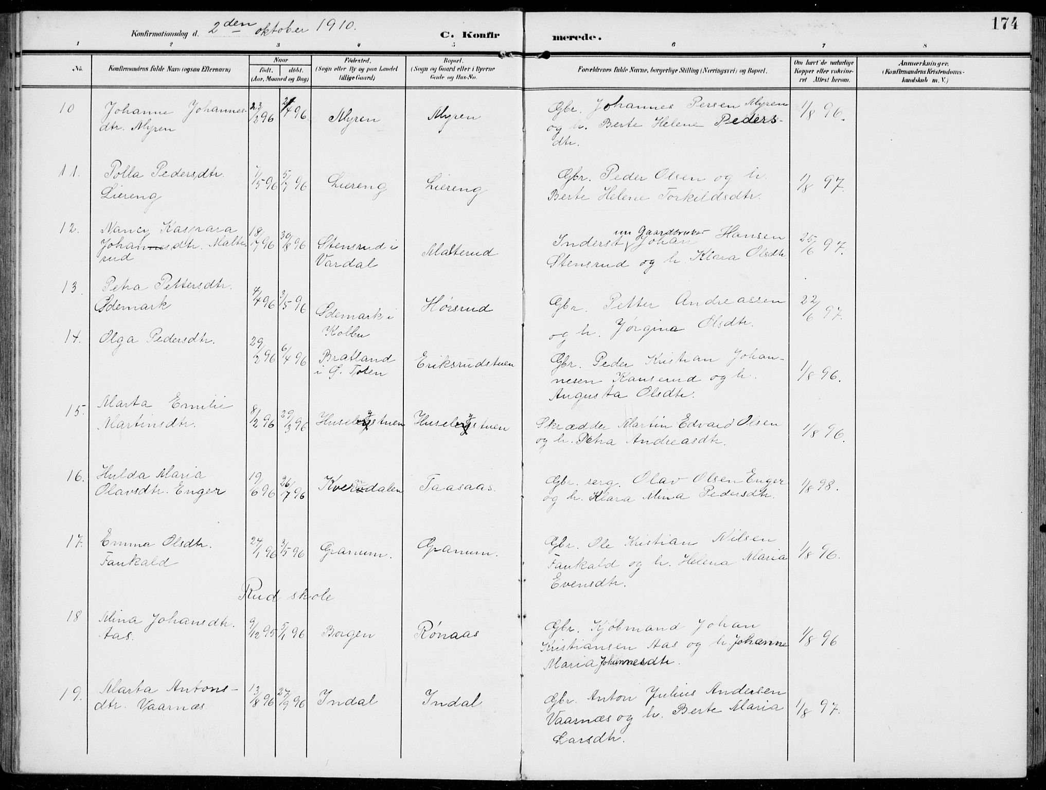 Vestre Toten prestekontor, AV/SAH-PREST-108/H/Ha/Haa/L0014: Parish register (official) no. 14, 1907-1920, p. 174