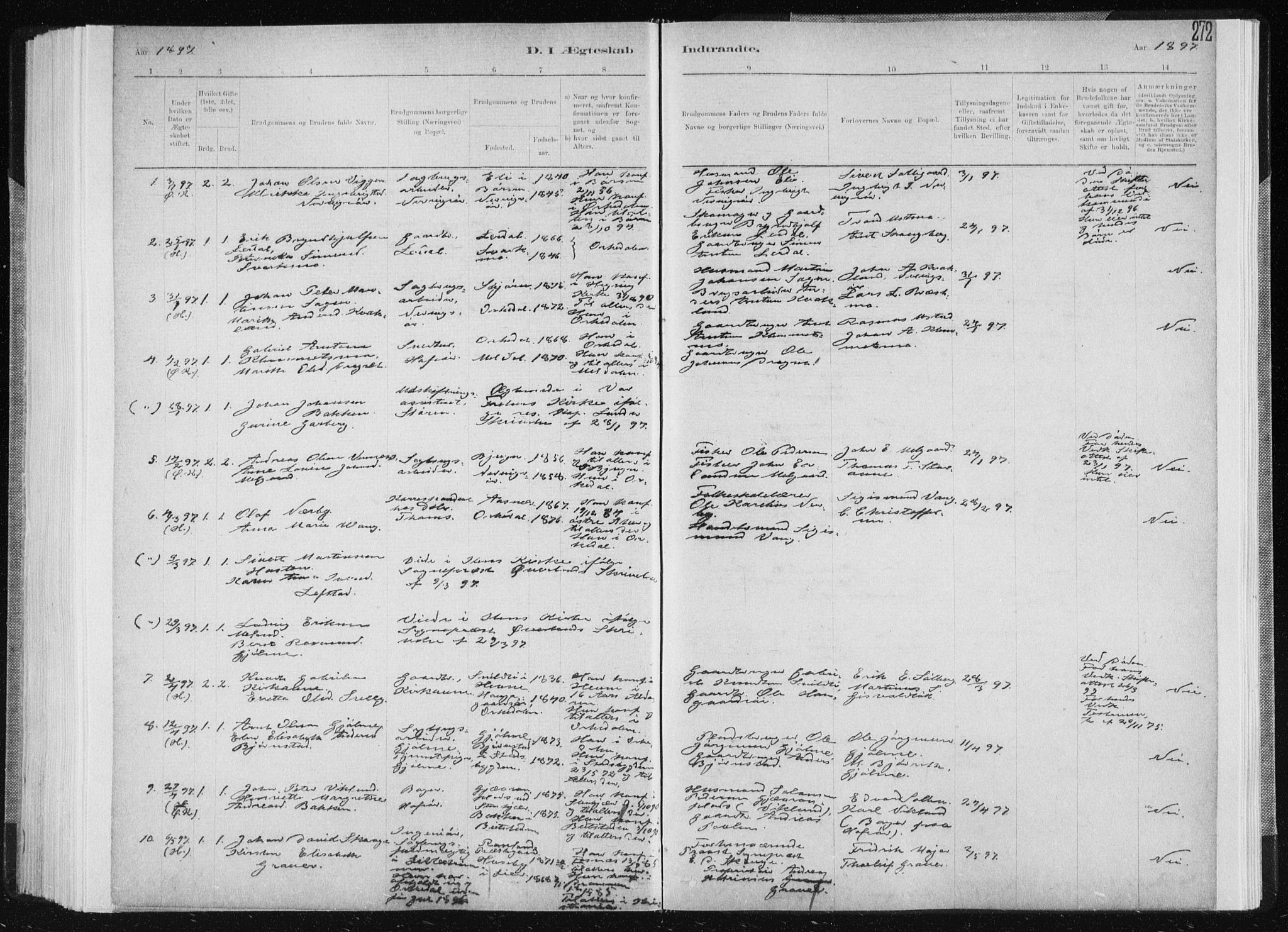 Ministerialprotokoller, klokkerbøker og fødselsregistre - Sør-Trøndelag, SAT/A-1456/668/L0818: Parish register (copy) no. 668C07, 1885-1898, p. 272