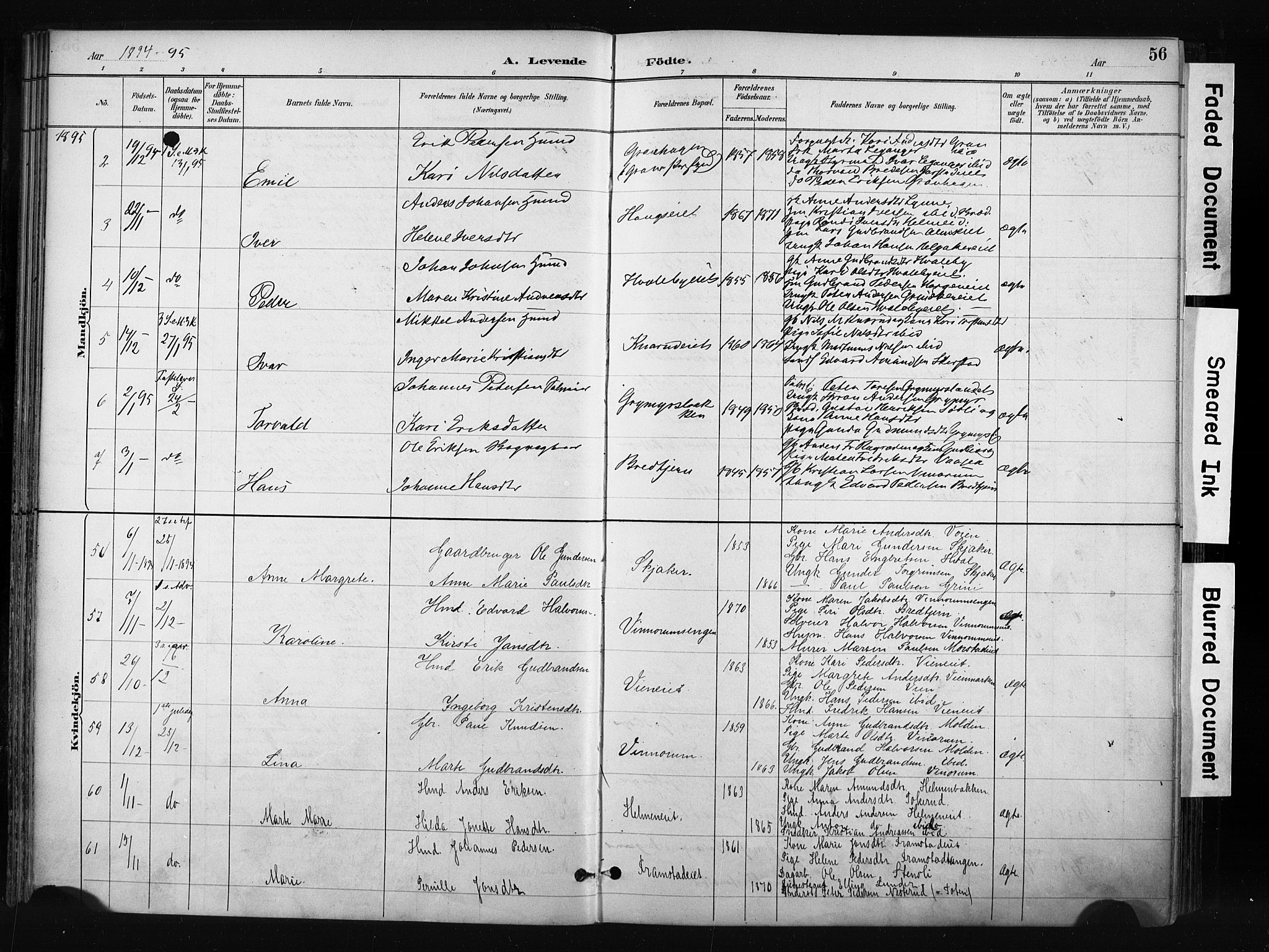 Gran prestekontor, SAH/PREST-112/H/Ha/Haa/L0017: Parish register (official) no. 17, 1889-1897, p. 56