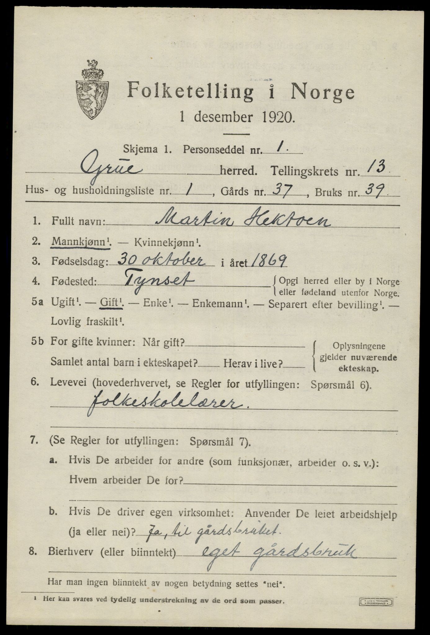 SAH, 1920 census for Grue, 1920, p. 11701