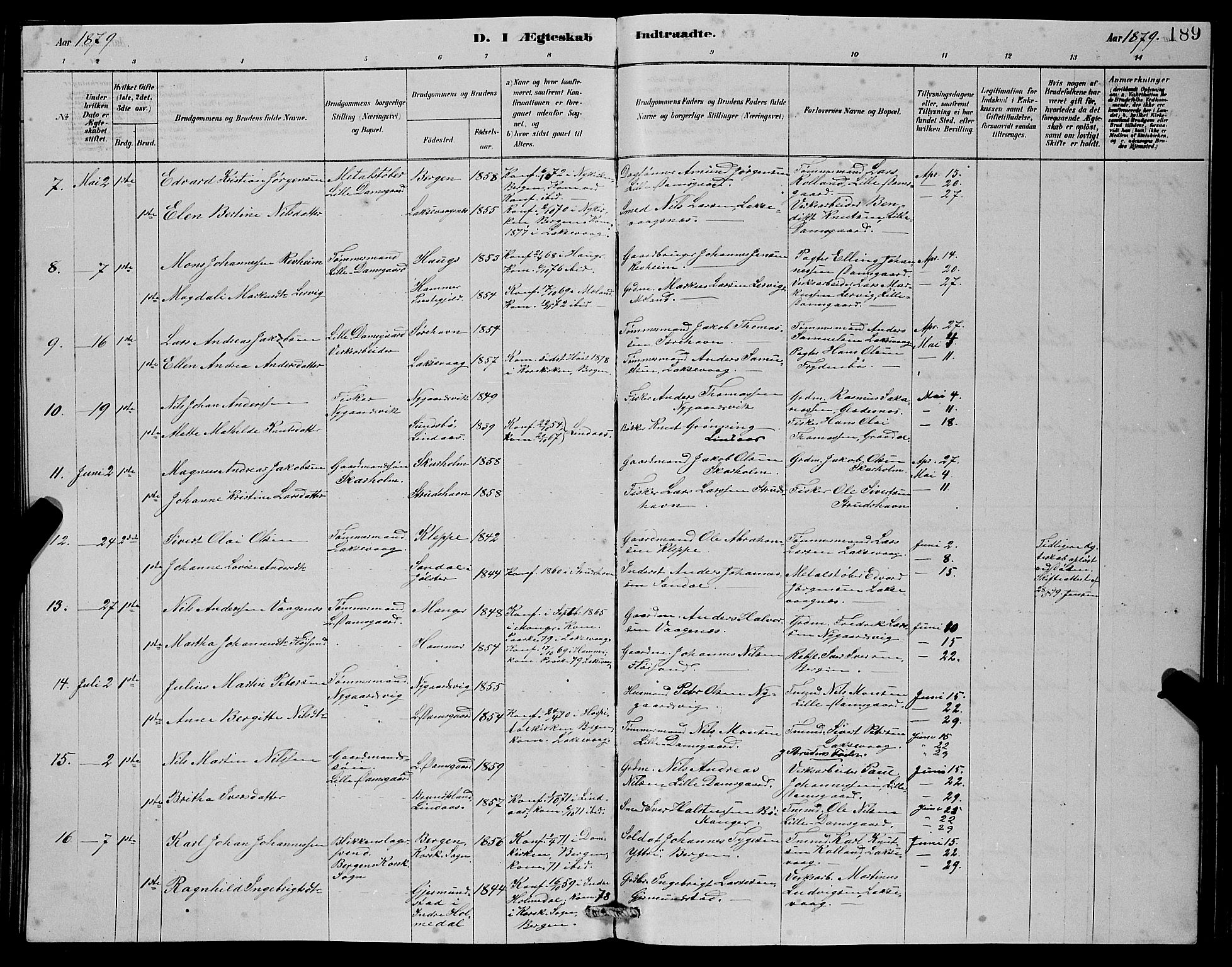 Laksevåg Sokneprestembete, SAB/A-76501/H/Ha/Hab/Haba/L0002: Parish register (copy) no. A 2, 1877-1887, p. 189