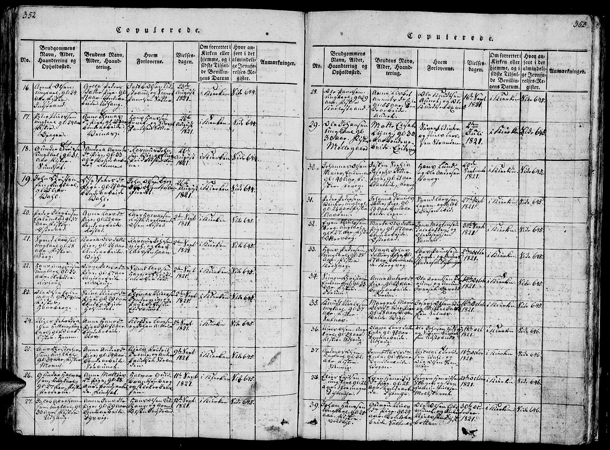 Ministerialprotokoller, klokkerbøker og fødselsregistre - Sør-Trøndelag, AV/SAT-A-1456/659/L0744: Parish register (copy) no. 659C01, 1818-1825, p. 352-353
