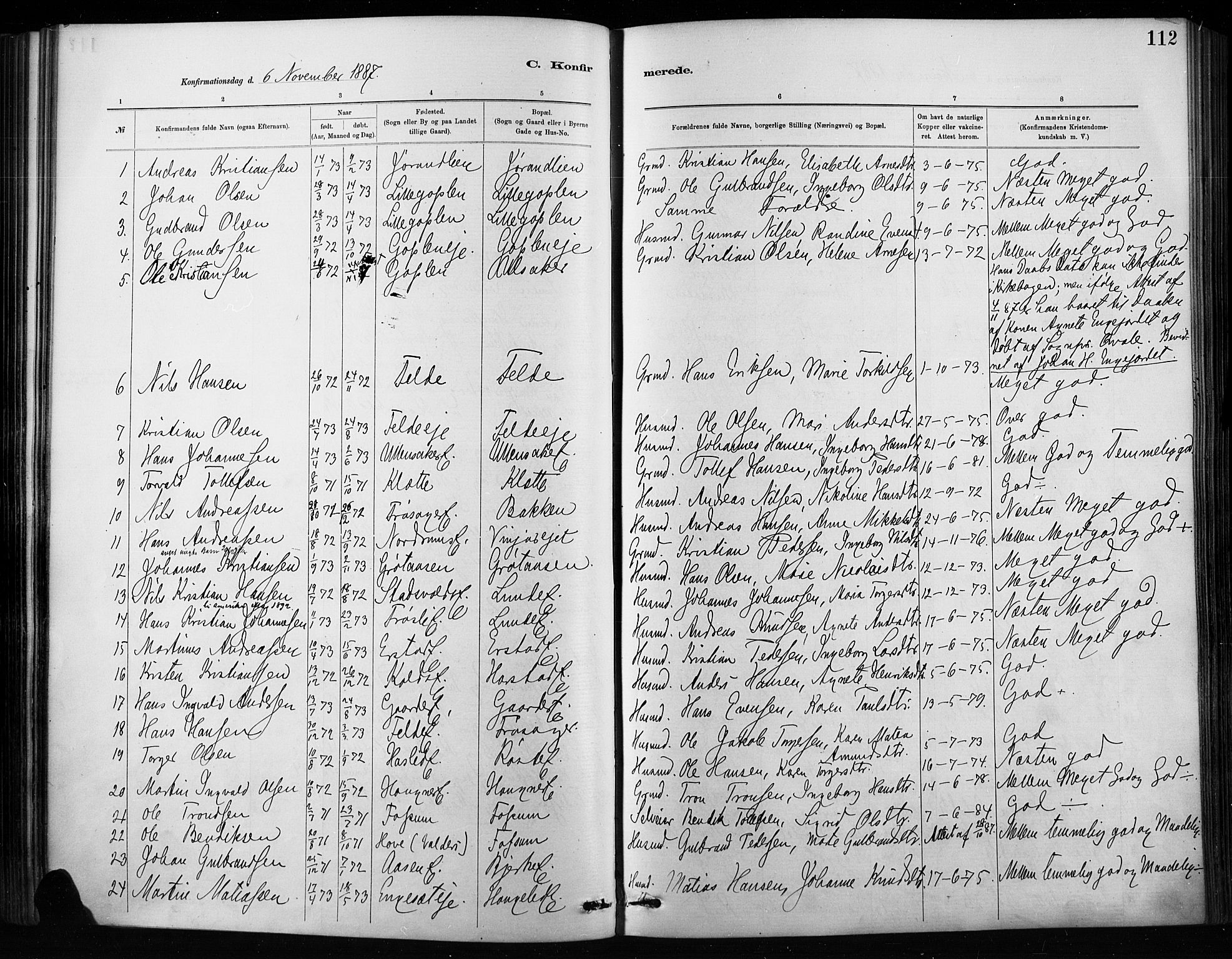 Nordre Land prestekontor, SAH/PREST-124/H/Ha/Haa/L0004: Parish register (official) no. 4, 1882-1896, p. 112
