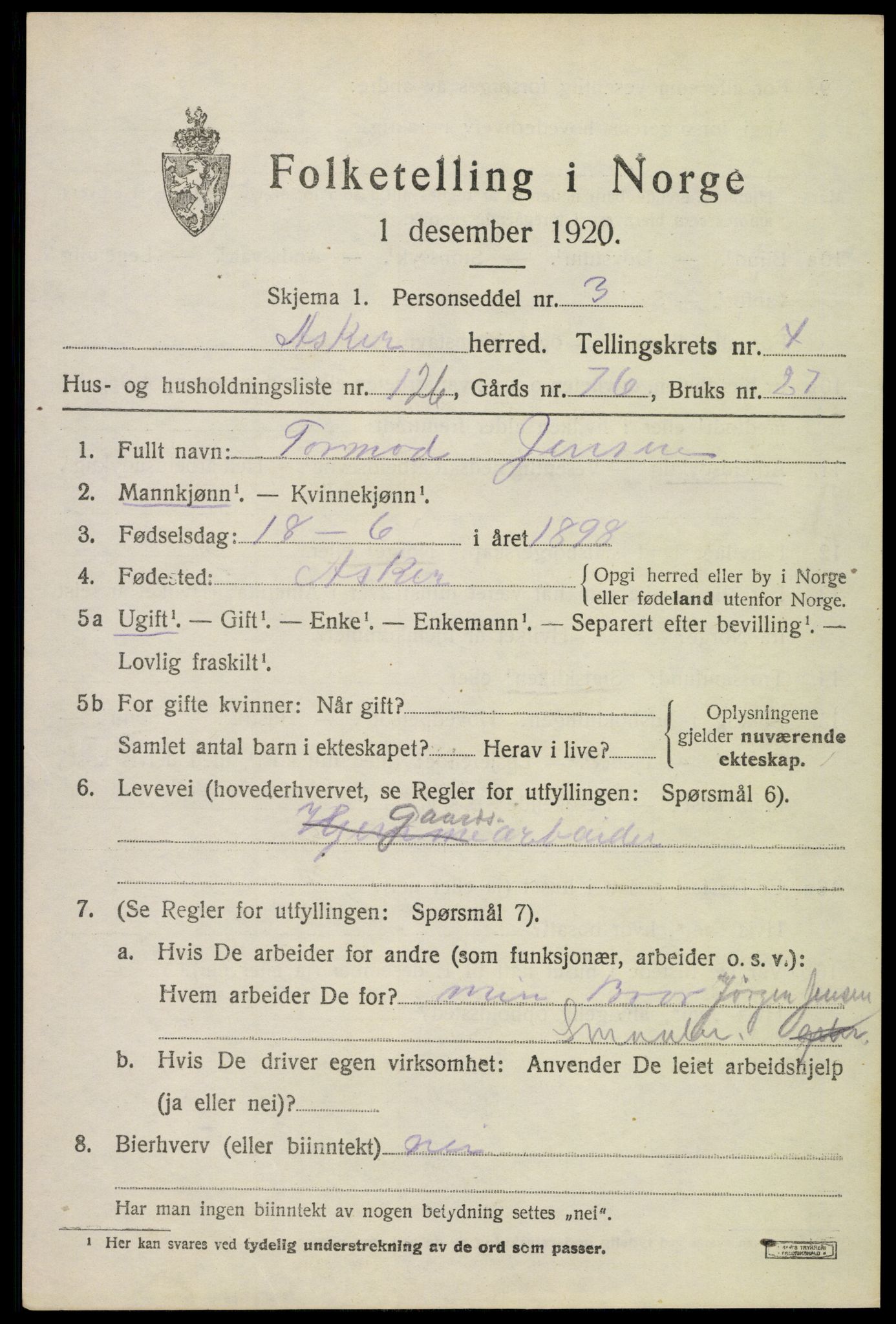 SAO, 1920 census for Asker, 1920, p. 11684