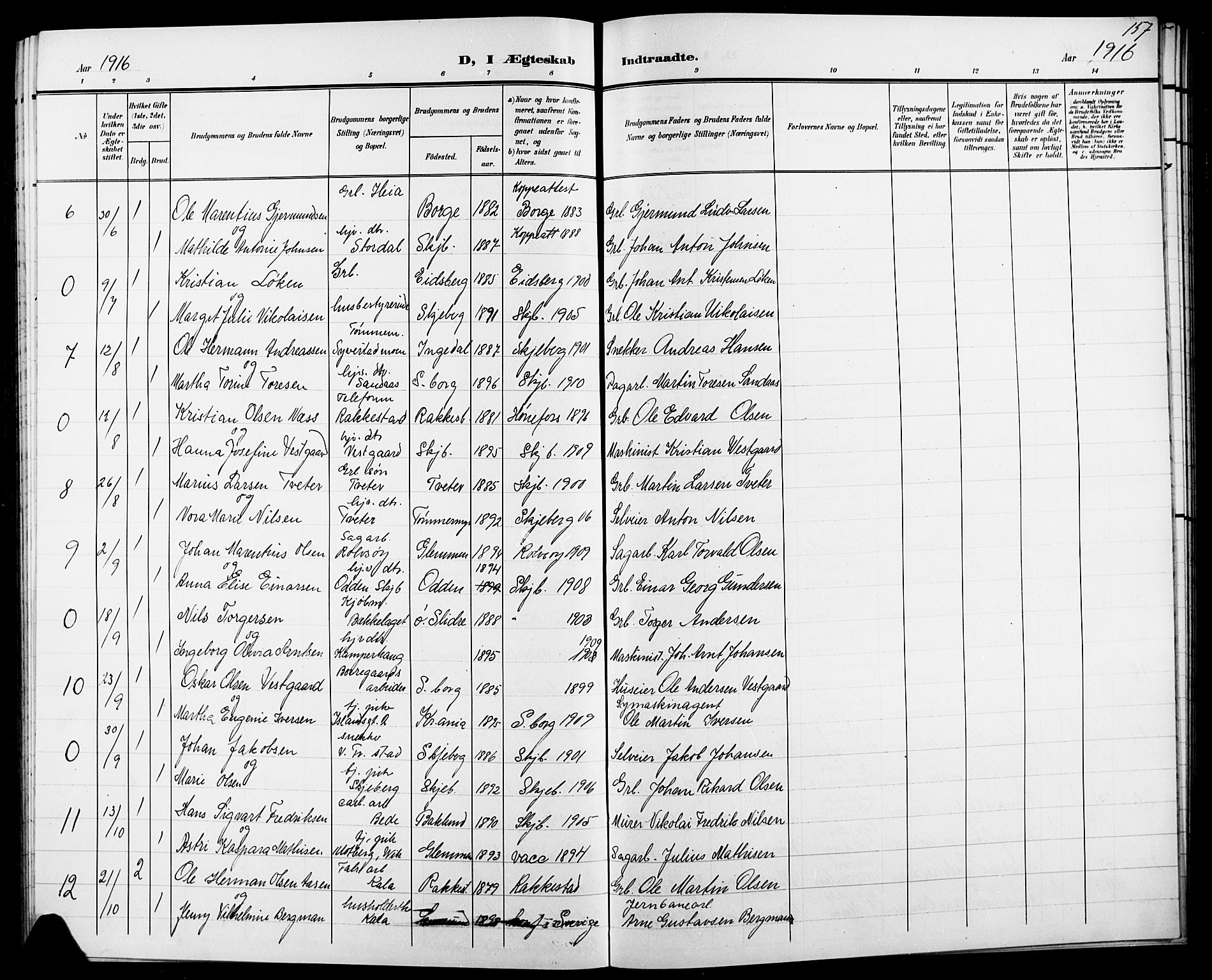 Skjeberg prestekontor Kirkebøker, AV/SAO-A-10923/G/Ga/L0002: Parish register (copy) no. I 2, 1901-1924, p. 157