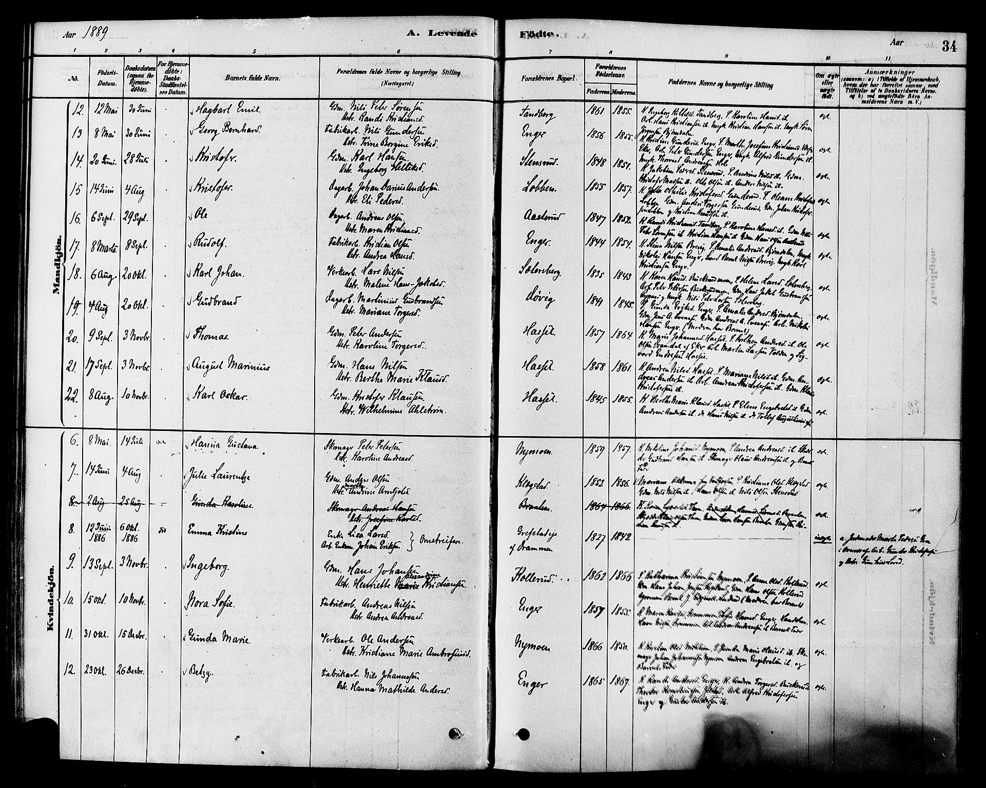 Modum kirkebøker, AV/SAKO-A-234/F/Fa/L0015: Parish register (official) no. 15 /1, 1877-1889, p. 34