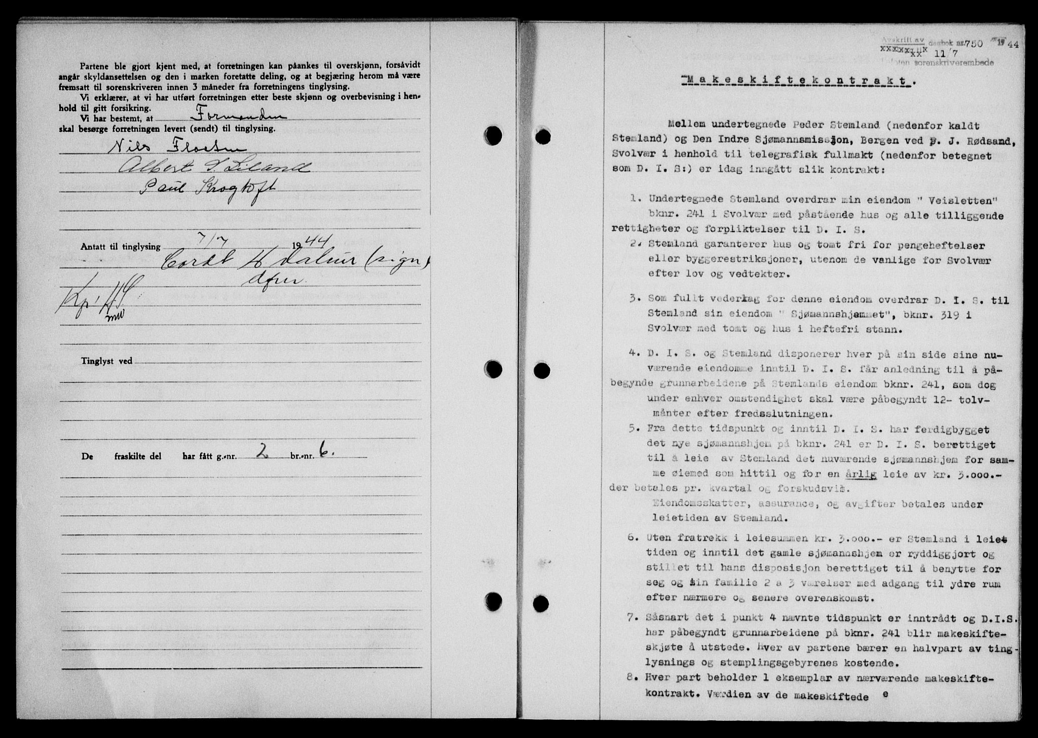 Lofoten sorenskriveri, SAT/A-0017/1/2/2C/L0012a: Mortgage book no. 12a, 1943-1944, Diary no: : 750/1944