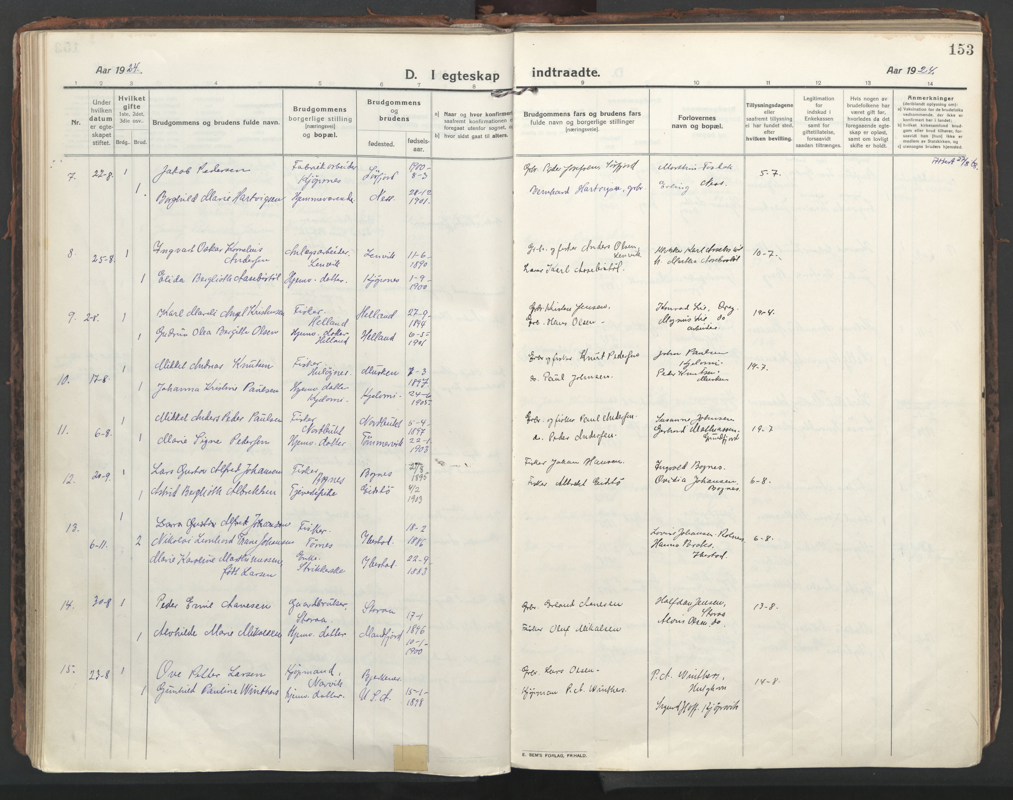 Ministerialprotokoller, klokkerbøker og fødselsregistre - Nordland, AV/SAT-A-1459/861/L0872: Parish register (official) no. 861A07, 1915-1924, p. 153