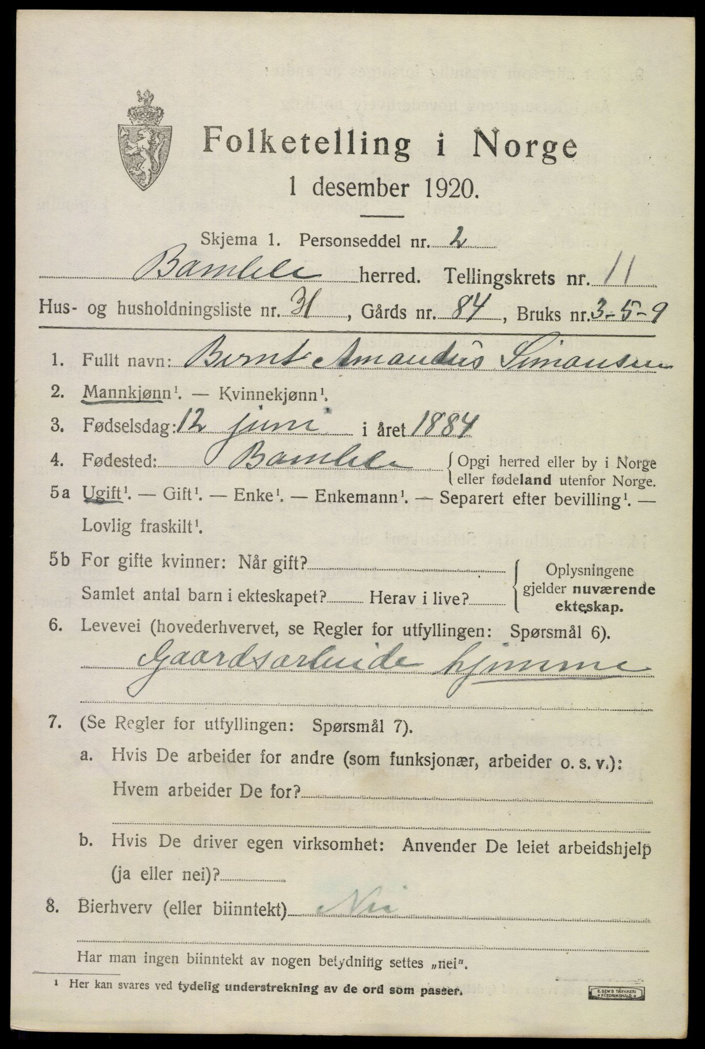 SAKO, 1920 census for Bamble, 1920, p. 9143