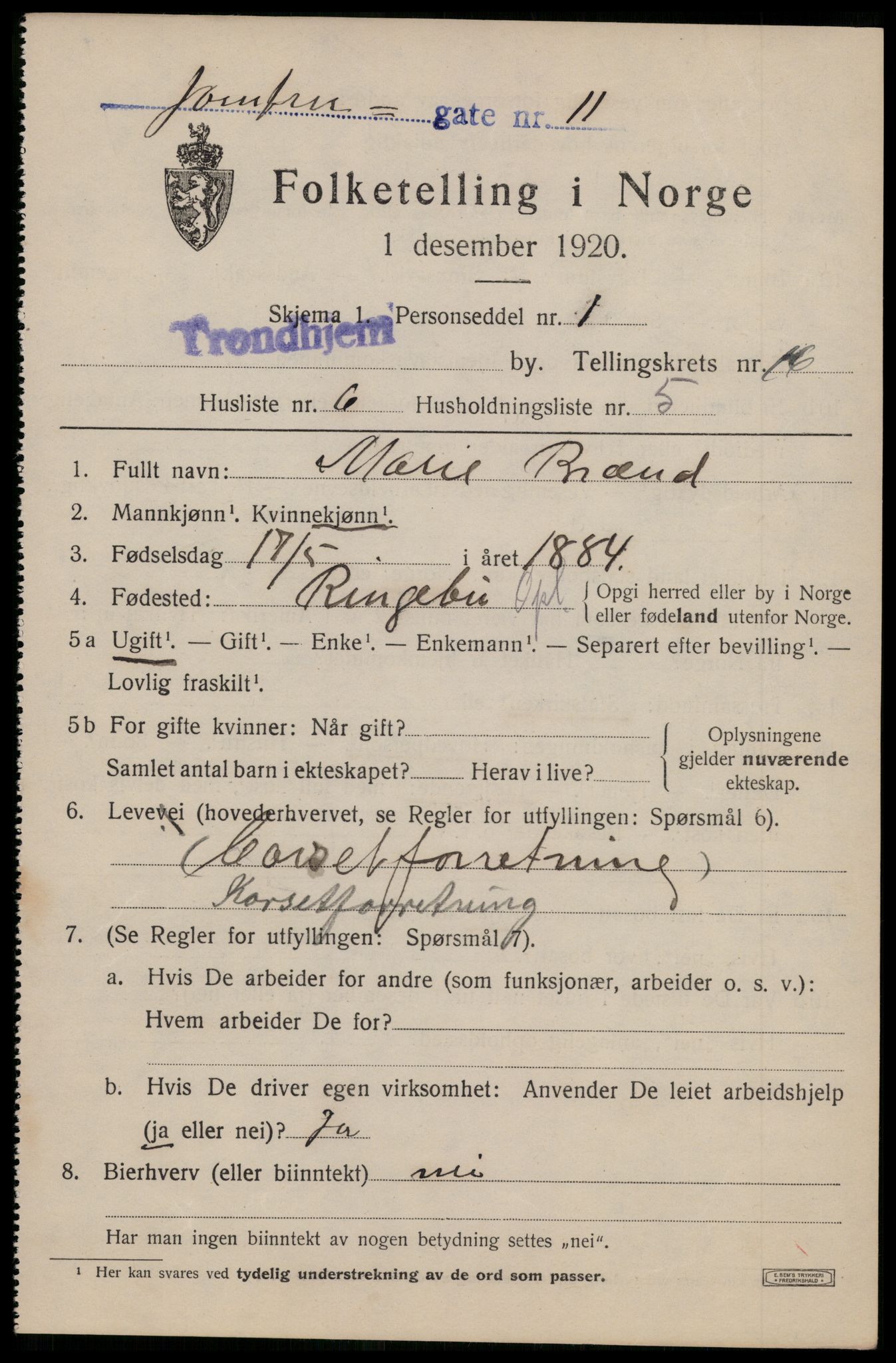 SAT, 1920 census for Trondheim, 1920, p. 54220