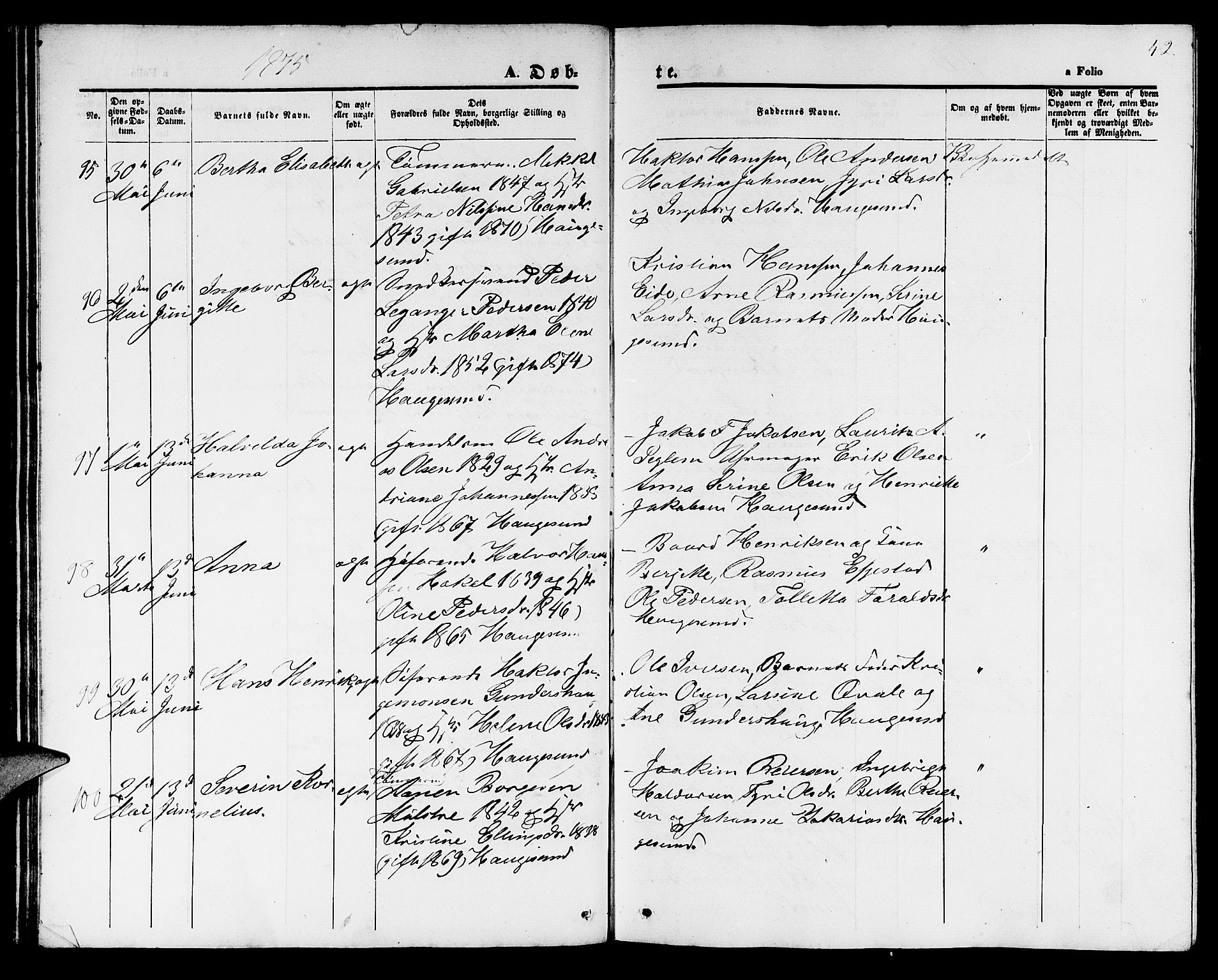 Haugesund sokneprestkontor, SAST/A -101863/H/Ha/Hab/L0001: Parish register (copy) no. B 1, 1873-1881, p. 42